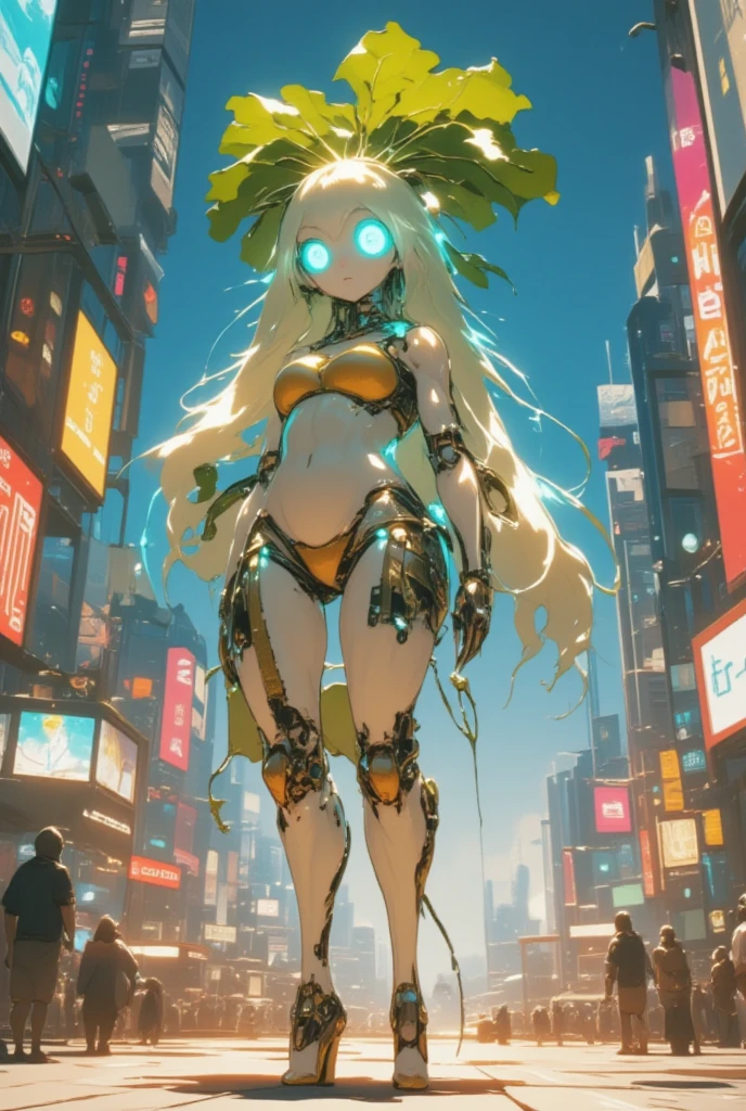 Craft a cyberpunk-themed race queen character embodying a daikon radish with an edgy, futuristic appeal. This character stands tall with a sleek, streamlined body resembling a Japanese white radish, integrated with high-tech mechanical limbs that gleam with neon highlights. Her eyes glow with luminescent energy, detailed with intricate circuitry to suggest a cybernetic enhancement. Outfit her in a high-fashion, cybernetic race queen ensemble: a form-fitting bodysuit layered with transparent vinyl panels, adorned with glowing circuit patterns and digital displays. Her leaf 'hair' is fashioned into sharp, angular strands that pulse with electric blue light, capturing the essence of advanced technology. Display her in an urban racing environment, with skyscrapers and neon advertisements illuminating the night sky, setting her against the backdrop of a bustling cyberpunk metropolis saturated with vibrant colors and motion.