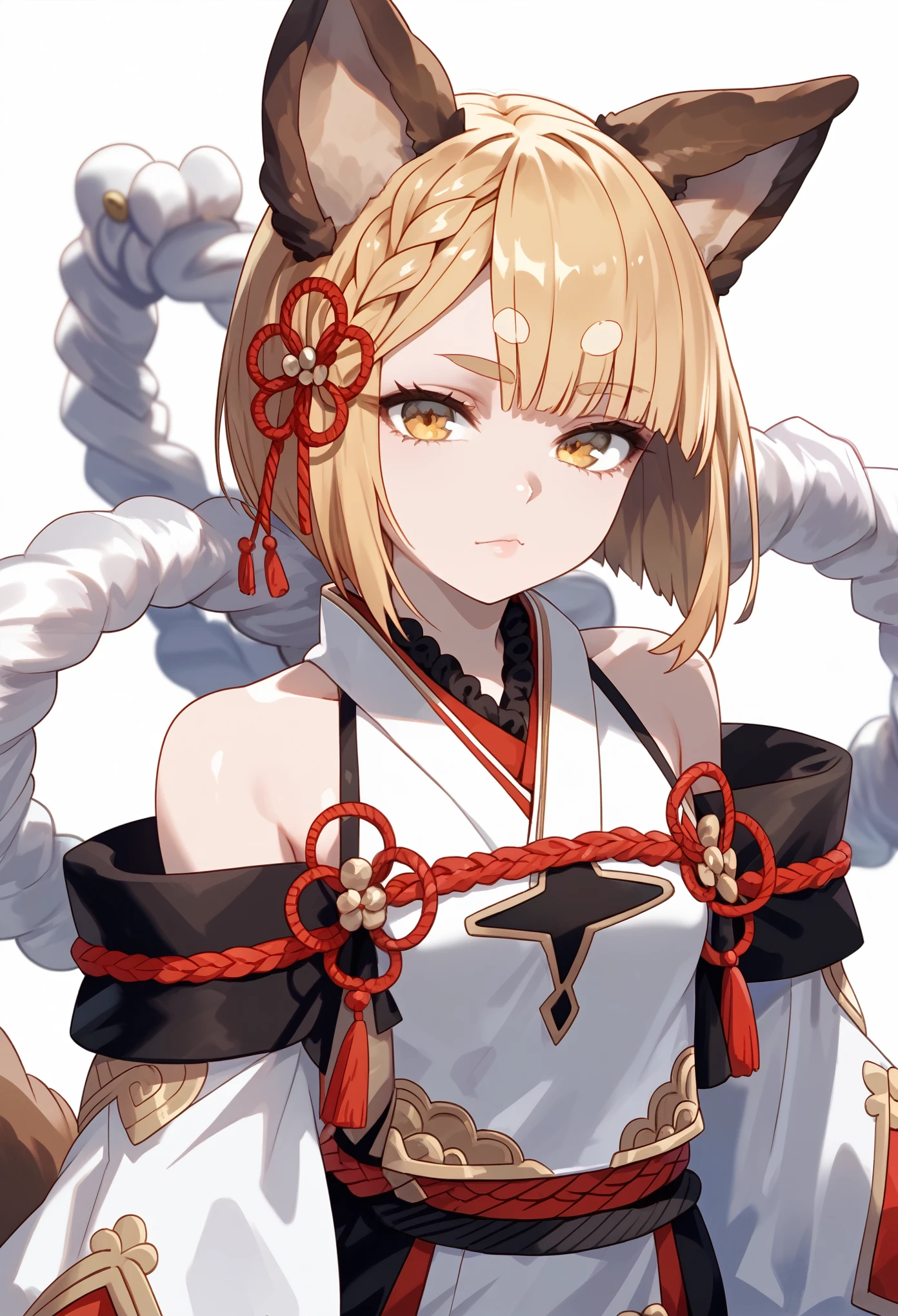 Masterpiece, anime style, 1girl, solo, vajradef, blonde, yellow eyes, dog tail, dog ears, small breasts, hair ornament, japanese clothes, bare shoulders, detached sleeves, wide sleeves, ropes on back, portrait, looking at viewer, innexpressive, white background, simple background, score_9, score_8_up, score_7_up, unaestheticXL_bp5, badhandv4