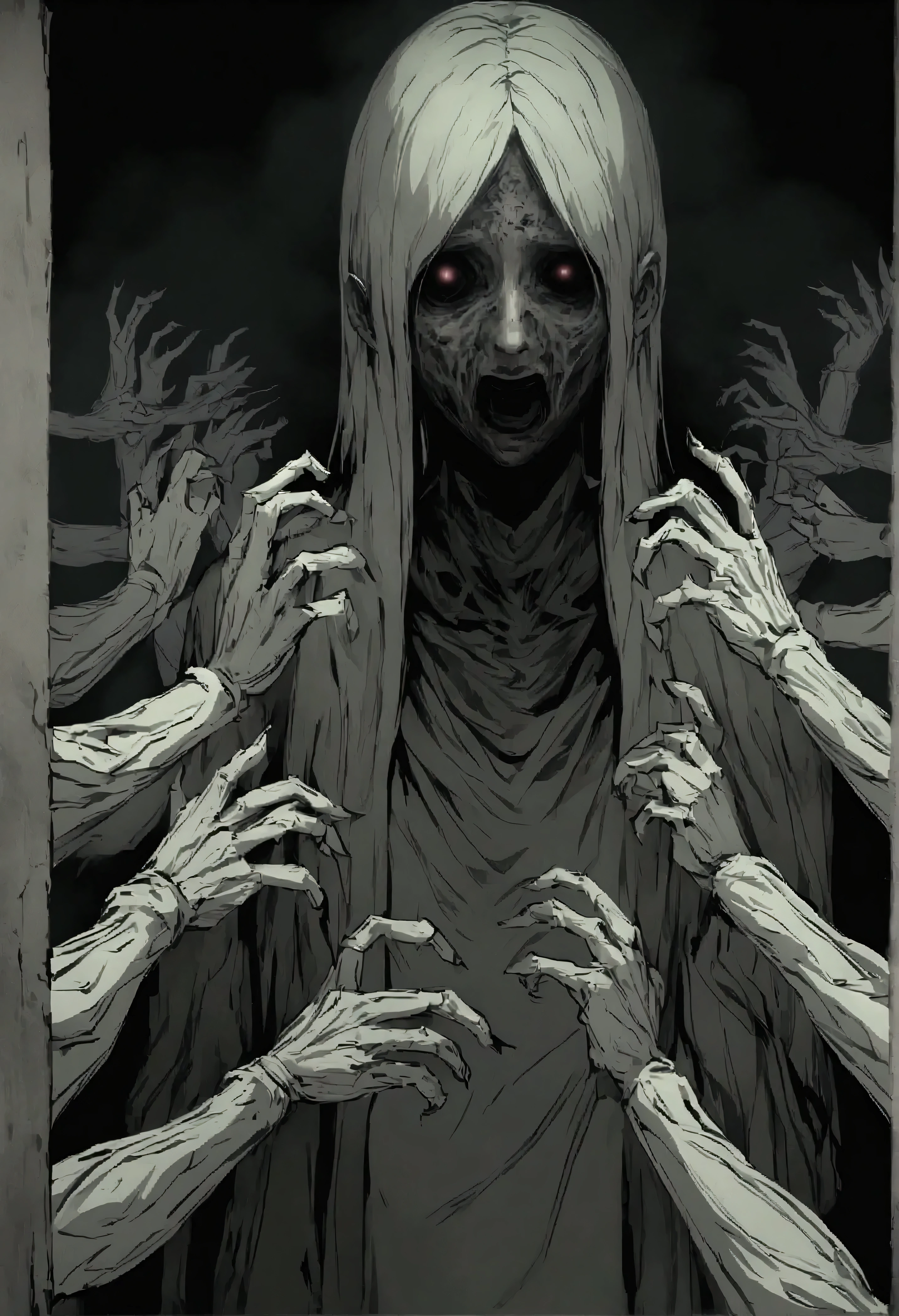 Corrupt Zombies、Lush vegetation、Fractal Art、Super detailed、8K、Photorealistic、Cinematic lighting、Dramatic Shadows、Dark and gloomy atmosphere、Earth Colors、Bright colors、Complex organic texture、Twisted, gnarled roots、dense foliage、Cracked rotting flesh、Creepy look、rotten teeth、Sunken eyes、Tattered clothes、Dramatic Pose、Dynamic configuration