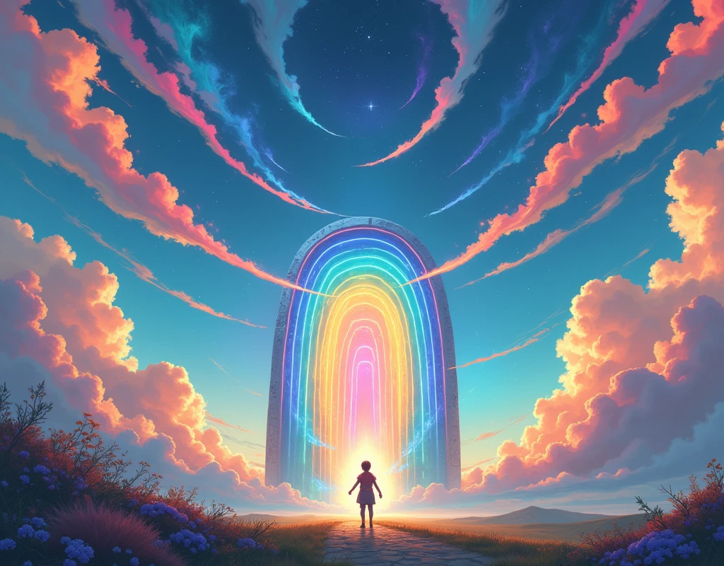 1boy, Boy flying up the sky with the rainbow next 々 and skies,   generating a rainbow instead of a bridge , There are a lot of rainbows, Walking on a rainbow :1.3,  There is a rainbow-colored door ahead of the boy, Bifrest , Mythical Scenery , (((UHD, masterpiece, best quality, highres icon, 16k, wallpaper)))