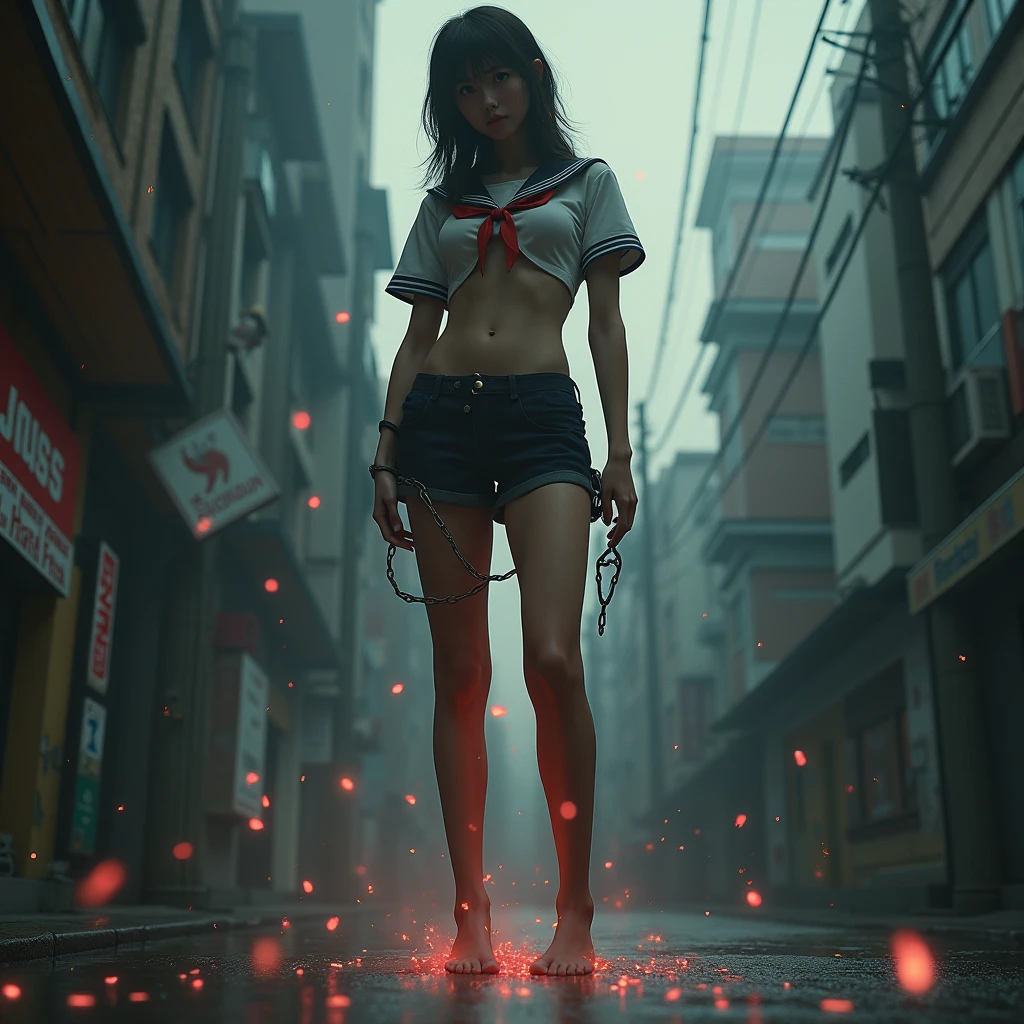 work of art, best qualityer, gazing at viewer, front viewer, ????? legs, 1 girl, standing alone, trunk, 弓, seraphim, disgusted face, night time, chuva pesada, plein-air, citys, top cut, へそ, wetclothes, soggy, excessively long sleeves, hands in sleeves, Blood tears, blood marks, dark alley, blood splattered on the floor, bright red light, glare eyes, Depth of field,holding a knife,Red Sky, atmofer,perfect hands