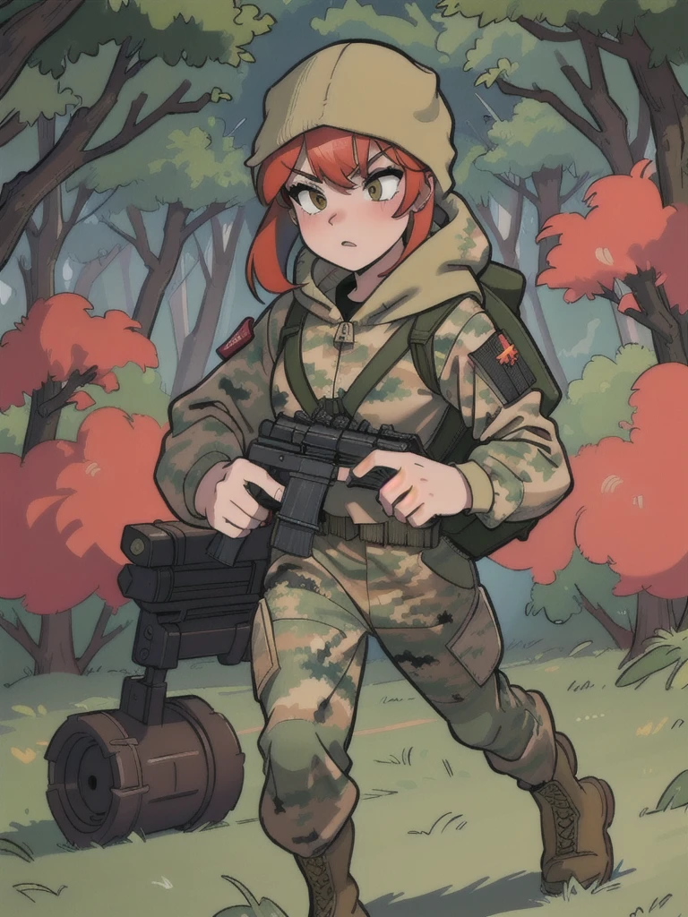 girl with red hair, with a camouflage jacket, camouflage balaclava, tactical backpack, tactical gloves,camouflage pants and army boots, In the evening he running through the forest 