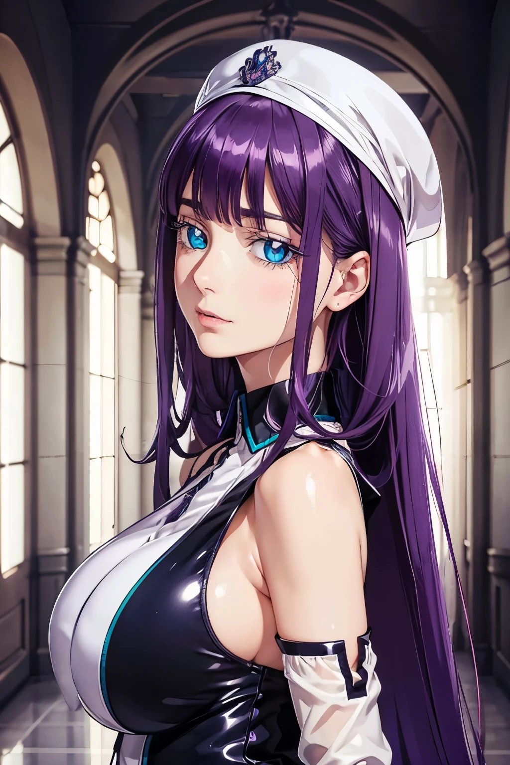 (portrait), (only top of the character), ((hopital hall)), (large breast), ((perfect hands)), ((glossy clothes)), (finely detailed eyes and detailed face:1.3), (extremely fine and beautiful:1.1), (Perfect details:1.1), Mira Suou, purple hair, blue eyes, white eyelashes, dress, detached sleeves, (side view)