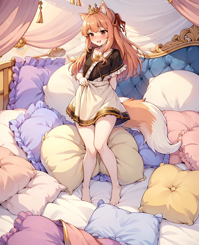 （masterpiece，best quality），mine, The Beast, , ( ））,  cute girl posing on pillow,，nature,, (blush),a smile，Pillow,（Lots of Pillow），Soft cushion，（canopy bed），（Pillow），Lots of Pillow，（Friction in the crotch），（（PillowCamel）），（A tail），（Around the protagonist），steam，（Pillow），（LuxuryPillow），（Palace Pillow Pattern Pillow），（palace），（Palace bedroom），（Gorgeous Pattern Pillow），Soft Pillow，，（Classical European style bedroom ），（excited，shy person，Lack of expressiveness，），pillow hump,，(Deluxe Rococo Canopy King Bed),Luxurious curtains with ornate ruffles and ribbons hang around the large bed.,((((The bed is piled with many Pillows)))),Quilt details,Detailed bed linen,Ruffled Bed Skirt,Deep Bed,Background with depth,((Pillow in detail)), ((((A Lot of Pillow))))，,，Detailed Soft Pillow,,((女孩正躺在许多Soft Pillow上,There are many Pillows around))，、、In a large canopy bed、Soft sheets and quilts、Colorful soft Pillow、Lots of Pillow、Soft toned bed、Ruffled curtains around the bed.。Delicate face，（Ornate pattern pillow），Soft pillow，，（ classical European style bedroom  ），（Excited face，Opened mouth，Shy，），holo，wolf girl，sweaty，，（more pillows)，，Blushing，Shy,,MASTURBATING WITH PILLOW,pillow humping, crotch rub,Exhale hot air，steam，sock