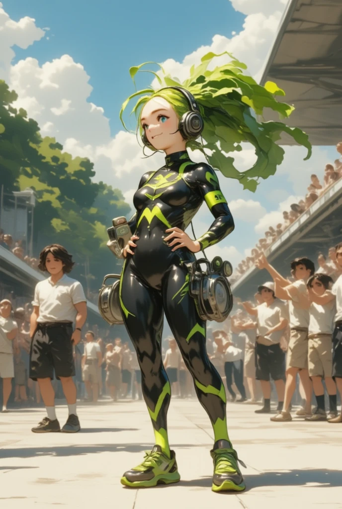 (A playful and energetic DAIKON character dons a sports chic look, blending high-performance athletic wear with classic race queen aesthetics. Her body, resembling a lively anthropomorphic radish, is dressed in a dynamic lycra racing jumpsuit, jet black and vibrantly accented with fluorescent green stripes that match her leafy head. The suit is tailored to showcase her athletic build, complete with form-fitting contours and a bold racing logo emblazoned across the chest. On her feet are sleek, green racing sneakers, designed for mobility and fashionable flair. Her green leaves are arranged into a spiky, wind-kissed hairstyle, adding to her sporty persona. Completing her look, she holds a headset and race timer, depicting her role as both a motivator and timekeeper. The background is a bustling race day environment, filled with other athletes and spectators in the stands, cheering enthusiastically. Her stance is lively and dynamic, captured mid-action as she encourages cheers from the crowd, showcasing her charm and dedication to the sport.)