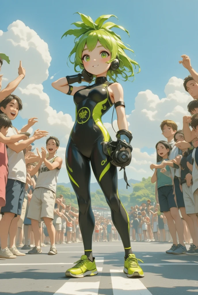 (A playful and energetic DAIKON character dons a sports chic look, blending high-performance athletic wear with classic race queen aesthetics. Her body, resembling a lively anthropomorphic radish, is dressed in a dynamic lycra racing jumpsuit, jet black and vibrantly accented with fluorescent green stripes that match her leafy head. The suit is tailored to showcase her athletic build, complete with form-fitting contours and a bold racing logo emblazoned across the chest. On her feet are sleek, green racing sneakers, designed for mobility and fashionable flair. Her green leaves are arranged into a spiky, wind-kissed hairstyle, adding to her sporty persona. Completing her look, she holds a headset and race timer, depicting her role as both a motivator and timekeeper. The background is a bustling race day environment, filled with other athletes and spectators in the stands, cheering enthusiastically. Her stance is lively and dynamic, captured mid-action as she encourages cheers from the crowd, showcasing her charm and dedication to the sport.)