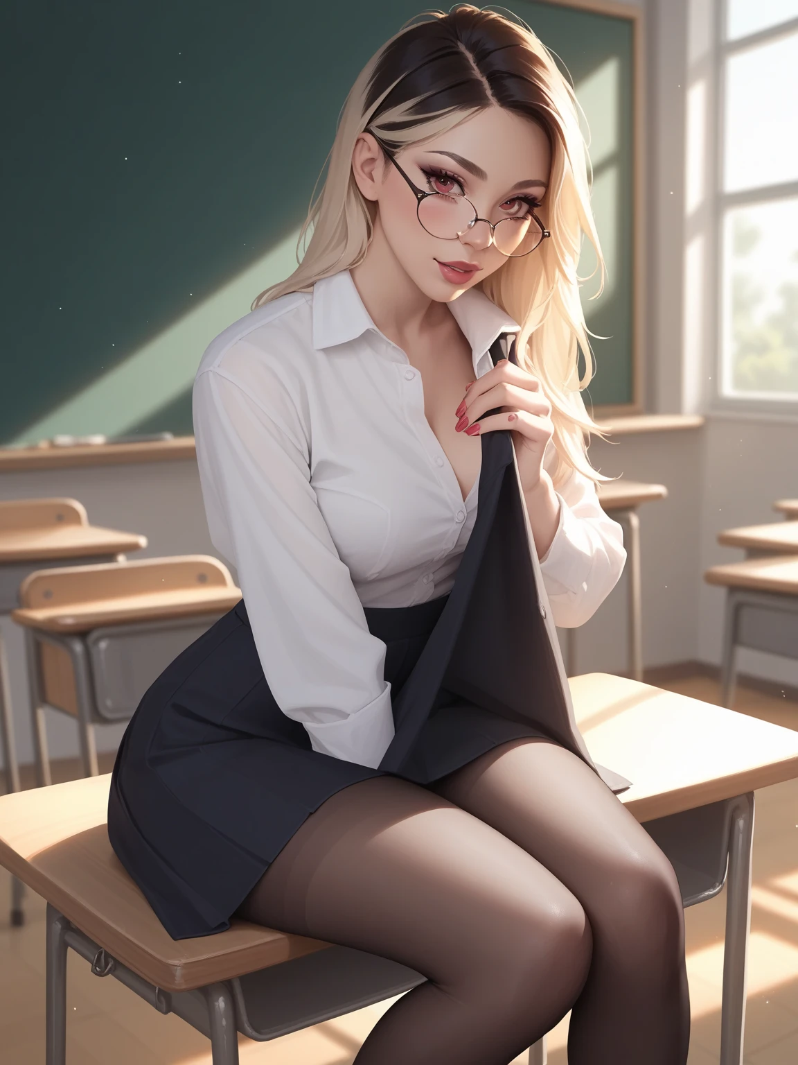 fit angle, realistic, neatly girl like Nilah, ravishing facial, pantyhose, glasses, in the classroom, evening light,