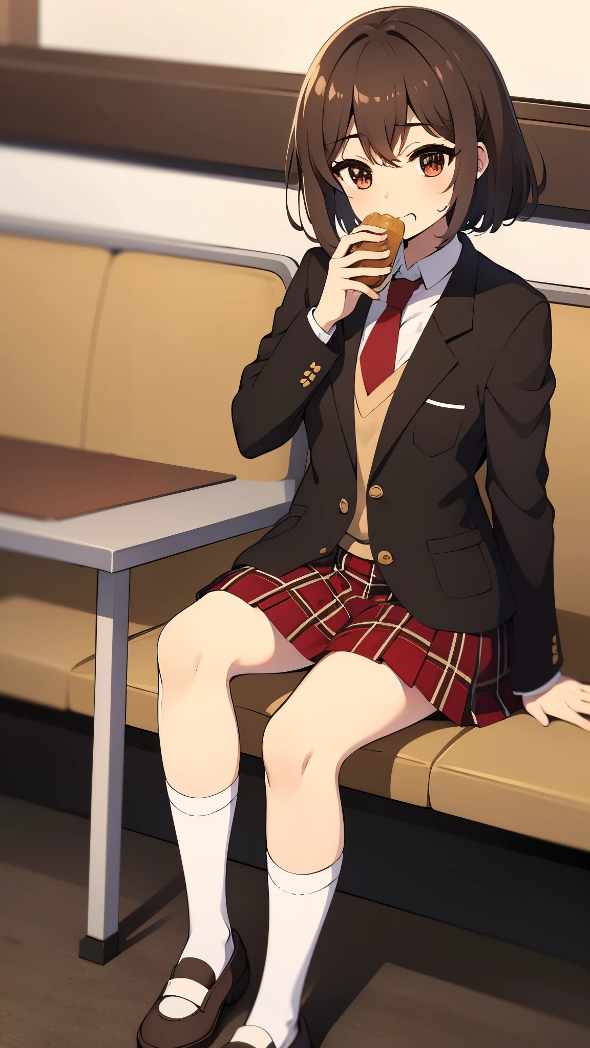 indoor, eating snack in lunch shop, sitting, anime style, ultra high res, break white socks1:4, break Best quality, adult body, UHD, break black blazer, break red tie, red plaid pattern skirt, brown loafer, sharpen, 32k, masterpiece, intense gaze,