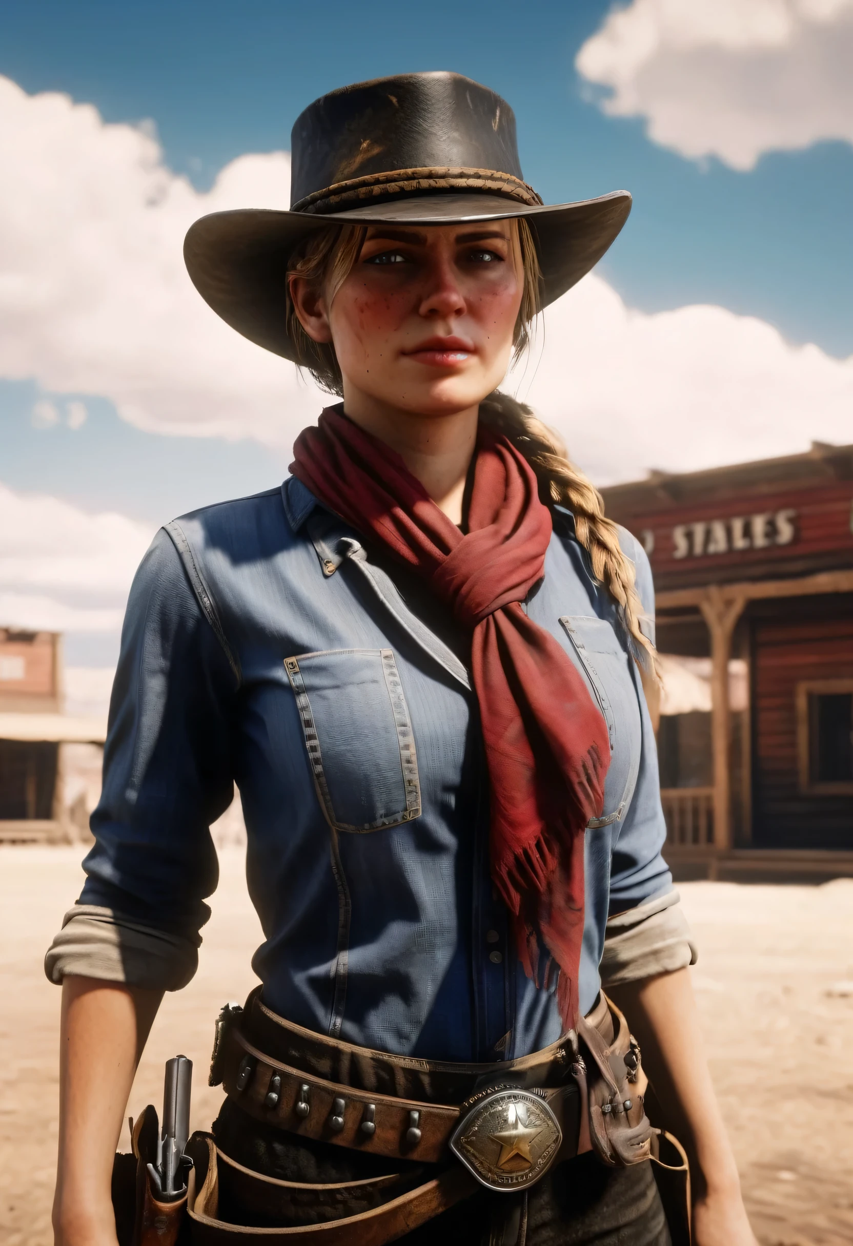 realistic photo, shiny skin, western scene, sky with clouds,  read dead redemption female outlaw,s character, mall black scarf, raw photo, Red Dead Redemption style, 8k, UHD, DSLR, insane details, award-winning photo