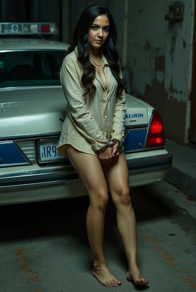 A female prisoner is handcuffed to a police car with bare feet