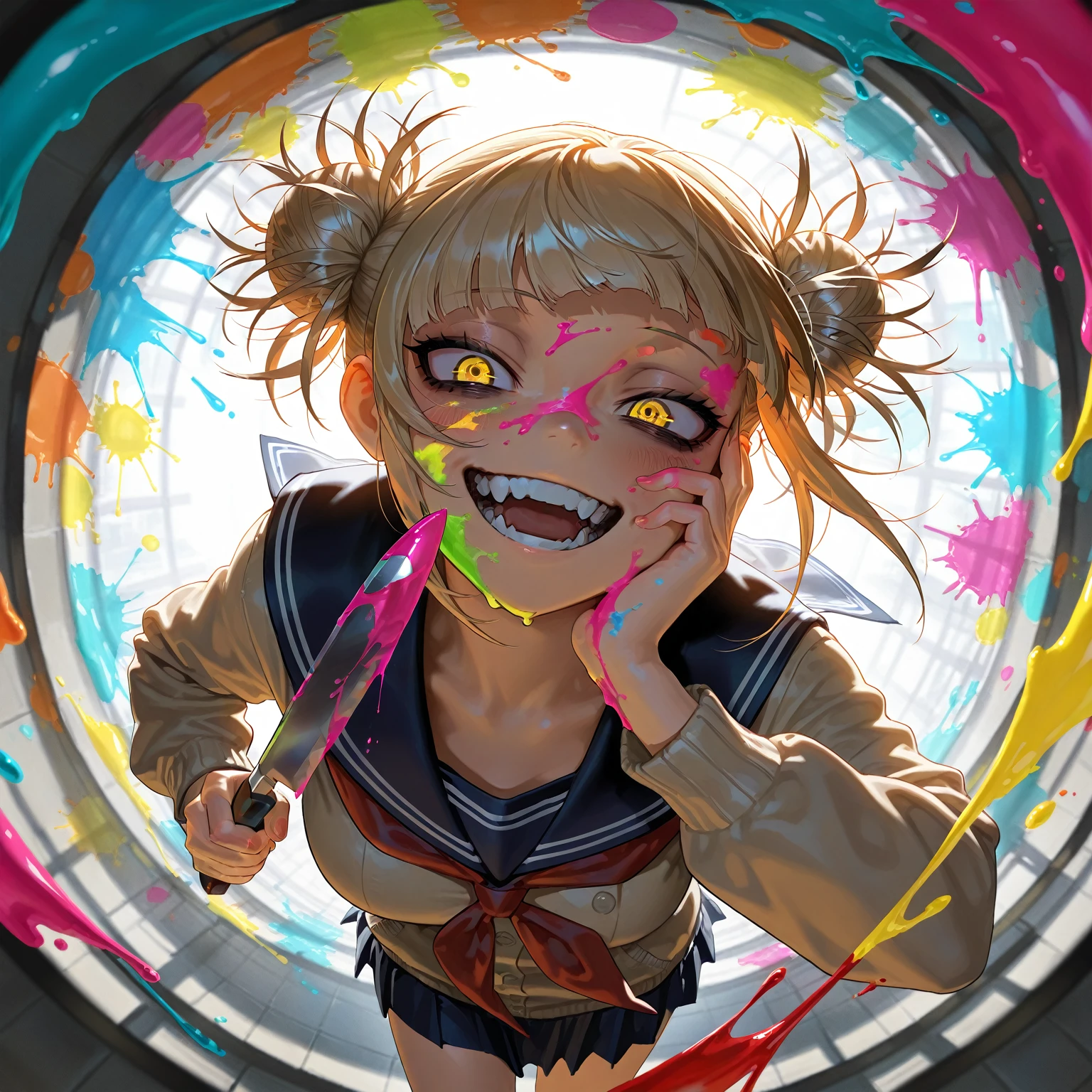 masterpiece, best quality, amazing quality, very aesthetic, absurdres,  newest, scenery,  1girl, toga himiko, teeth, open mouth, blood on face, smile, double bun,  crazy eyes, holding knife, hand on own cheek, upper body, school uniform backlighting, from above, dutch angle, , close-up, photorealistic, dutch angle, (colorful), from above, (((paint splatter))),fisheye, , masterpiece, best quality, amazing quality, very aesthetic, absurdres,  newest, scenery, volumetric lighting