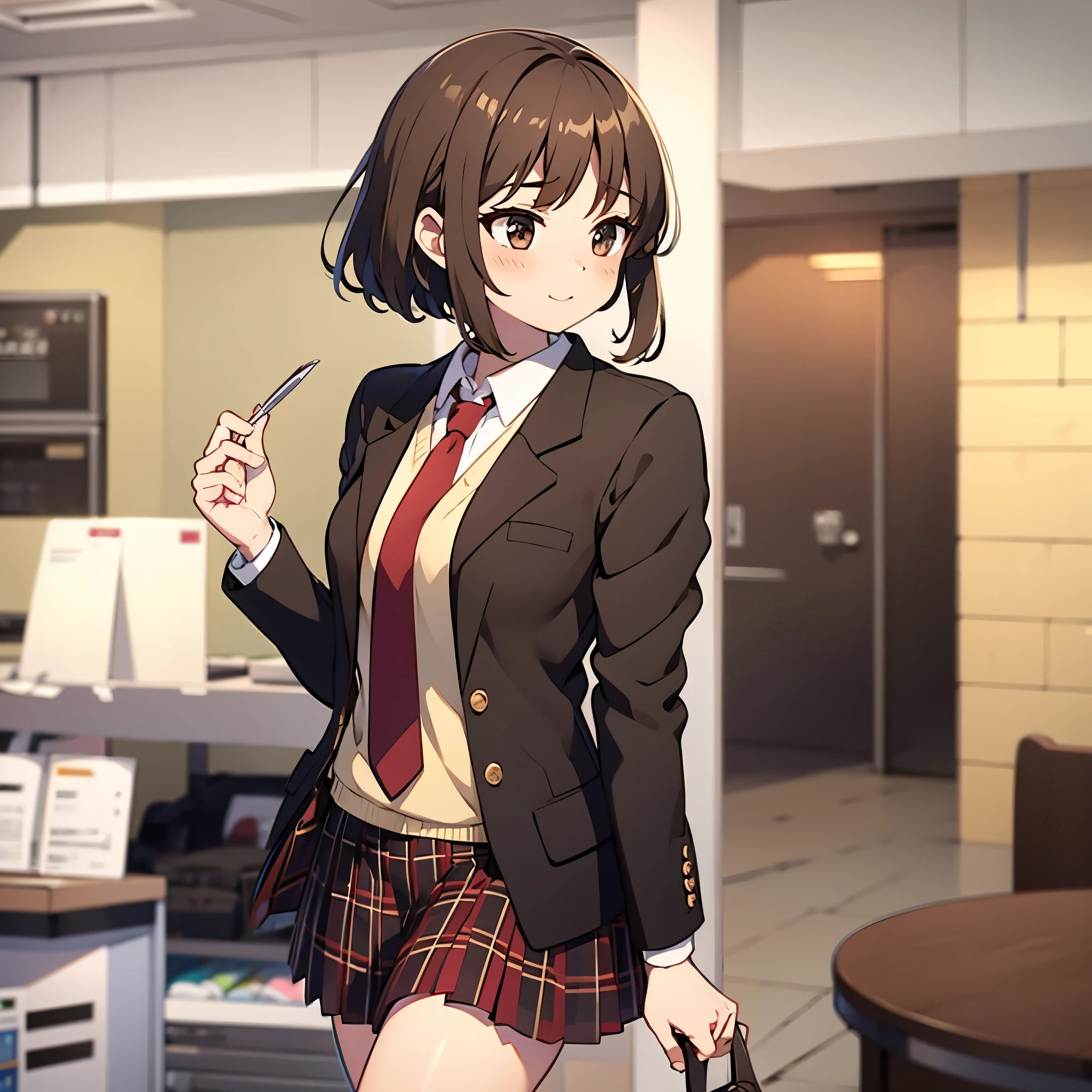 indoor, eating snack in lunch shop, focus face, from side, anime style, ultra high res, break Best quality, adult body, UHD, break black blazer, break red tie, red plaid pattern skirt, brown loafer, sharpen, 32k, masterpiece, intense gaze,