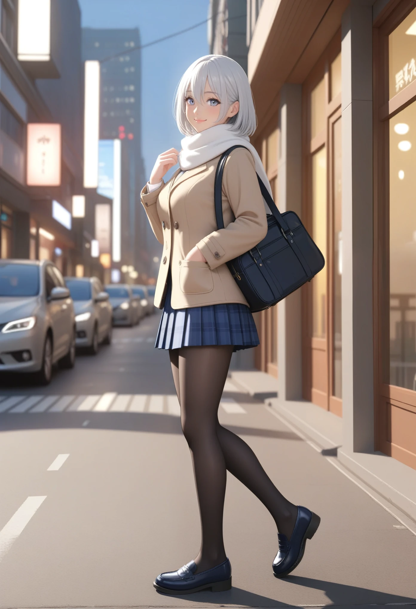 1 Japanese girl, ((shiny silver hair)), bob cut, bang between eyes, beautiful hair), (glossy silver eyes:1.5), (beautiful eyes, twinkle eyes, large eyes), (athlete body, large breasts), cute face, beautiful face, pretty face, beautiful, good anatomy, long eyelashes, expressive eyes, Perfect Hands, happy, smile, glossy lips, (close mouth:1.2), perfecteyes, BREAK 1girl, school uniform, (white woolen thick scarf), collarless ((navy)) duffel-coat, double breasted, folded long sleeves, gray plaid pattern pleated skirt-hem, mini skirt, dark pantyhose, shoes, black school bag slung over shoulder, BREAK 1girl, morning, sunshine, city, outside, street, road side, walking, smile, happy, BREAK from side, Sketch, UHD, retina, masterpiece, high details, high quality, super detail, best quality, highres, 4K, 8k, cute, beautiful, full body detailed, 32K, high details, perfect lighting, perfect anatomy, sharp outline, high definition, extreme illustration, ambient lights, soft light, she has an anatomically correct structure and has five fingers on each of her right hand and left hand, 