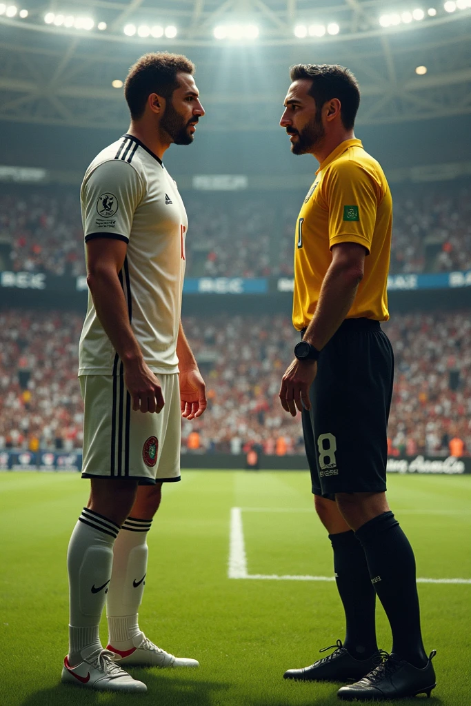 A strong hairy Iranian football player with very hairy chest hair bearded, wearing no shirt, black shorts and red socks and black boots, side by side with a Brazilian soccer player, wearing no shirt, White shorts, white socks and white boots, giving an interview to a TV reporter on the lawn of the large football stadium full of people.