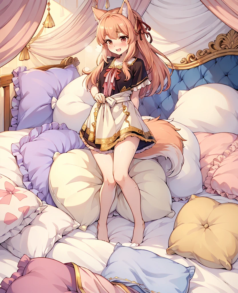 （masterpiece，best quality），mine, The Beast, , ( ））,  cute girl posing on pillow,，nature,, (blush),a smile，Pillow,（Lots of Pillow），Soft cushion，（canopy bed），（Pillow），Lots of Pillow，（Friction in the crotch），（（PillowCamel）），（A tail），（Around the protagonist），steam，（Pillow），（LuxuryPillow），（Palace Pillow Pattern Pillow），（palace），（Palace bedroom），（Gorgeous Pattern Pillow），Soft Pillow，，（Classical European style bedroom ），（excited，shy person，Lack of expressiveness，），pillow hump,，(Deluxe Rococo Canopy King Bed),Luxurious curtains with ornate ruffles and ribbons hang around the large bed.,((((The bed is piled with many Pillows)))),Quilt details,Detailed bed linen,Ruffled Bed Skirt,Deep Bed,Background with depth,((Pillow in detail)), ((((A Lot of Pillow))))，,，Detailed Soft Pillow,,((女孩正躺在许多Soft Pillow上,There are many Pillows around))，、、In a large canopy bed、Soft sheets and quilts、Colorful soft Pillow、Lots of Pillow、Soft toned bed、Ruffled curtains around the bed.。Delicate face，（Ornate pattern pillow），Soft pillow，，（ classical European style bedroom  ），（Excited face，Opened mouth，Shy，），holo，wolf girl，sweaty，，（more pillows)，，Blushing，Shy,,MASTURBATING WITH PILLOW,pillow humping, crotch rub,Exhale hot air，steam，sock