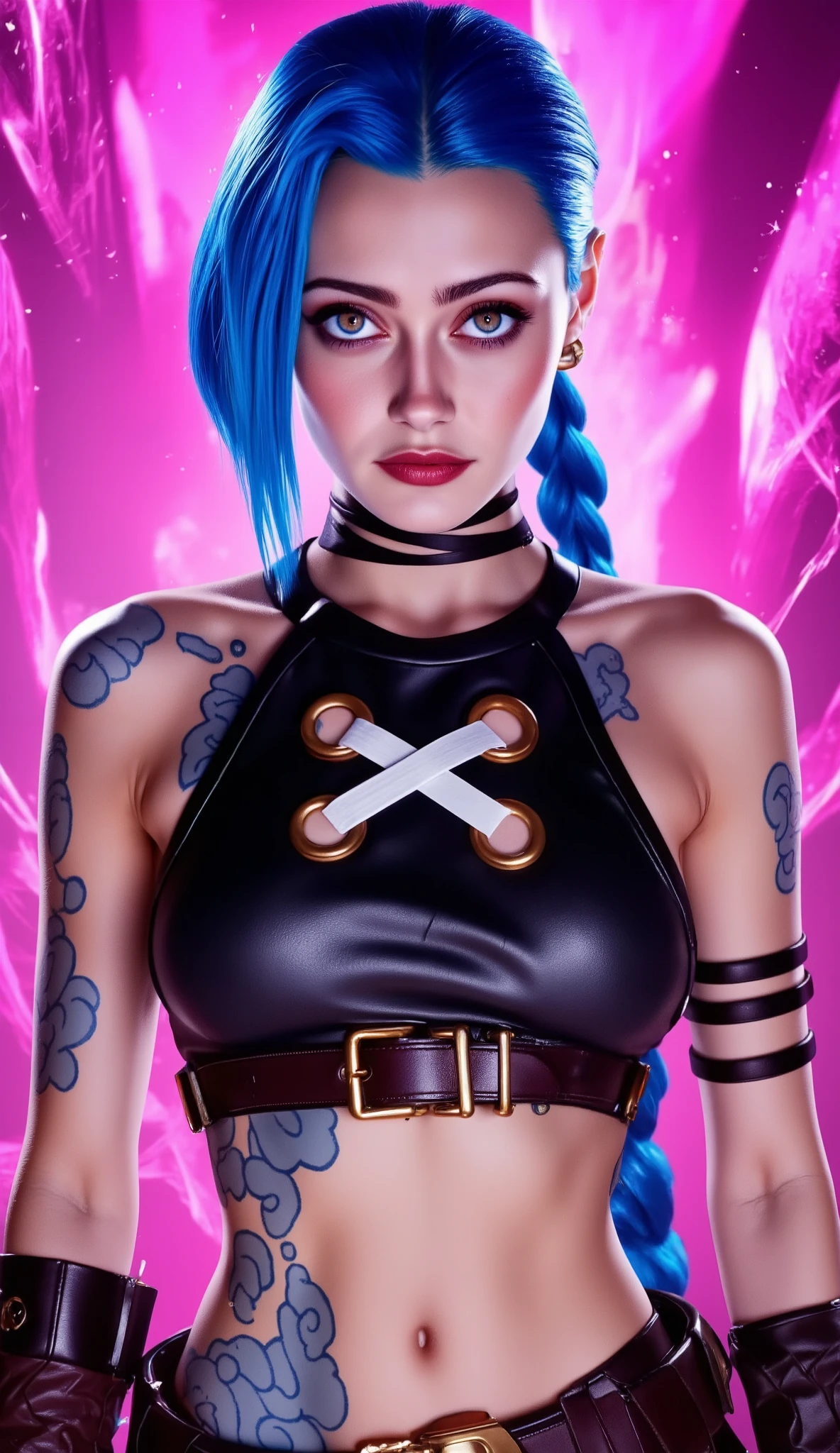 ell4purn3llflx as jinx from Arcane (j1nxflx), a portrait of a stylized, j1nxflx character with a striking appearance. The character has long, vibrant blue hair styled in braids, and intense pink eyes that stand out against her fair skin. She wears a black leather top with crisscrossed straps and a choker, exuding a tough, rebellious vibe. Her arms are adorned with blue tattoos, adding to her distinctive look. The background is a vivid pink with abstract, dynamic patterns, enhancing the bold and energetic feel of the image. The overall composition is centered, focusing on the character's upper body and intense gaze, creating a powerful visual impact. 