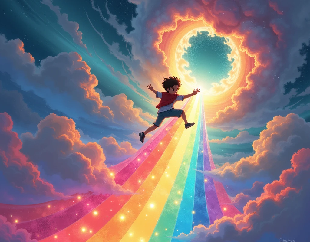 1boy, Boy flying up the sky with the rainbow next 々The boy who goes up with,   generating a rainbow instead of a bridge , There are a lot of rainbows, Walking on a rainbow :1.3,  There is a rainbow-colored door ahead of the boy, Bifrest , Mythical Scenery , (((UHD, masterpiece, best quality, highres icon, 16k, wallpaper)))