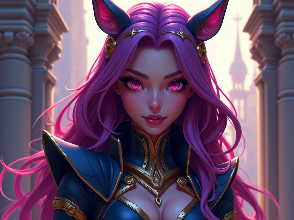  Draw the character Xayah from League of Legends in the artistic style of the Netflix series Arcane .  Make sure to that the design includes the following characteristic elements of Arcane :

 Detailed, textured painting style :  Use deep shadows and dramatic lighting to give a three-dimensional and realistic look.
 Vibrant and contrasting color palette : Use rich and saturated colors ,  with an emphasis on shades of purple , blue and gold.
 expressive facial features :  Capture intense and detailed emotions on Xayah's face ,  with expressive eyes and well-defined facial features .
 Clothing and accessories style :  Adapt the costume ayah to reflect the steampunk and futuristic style of Arcane , including metallic details 

