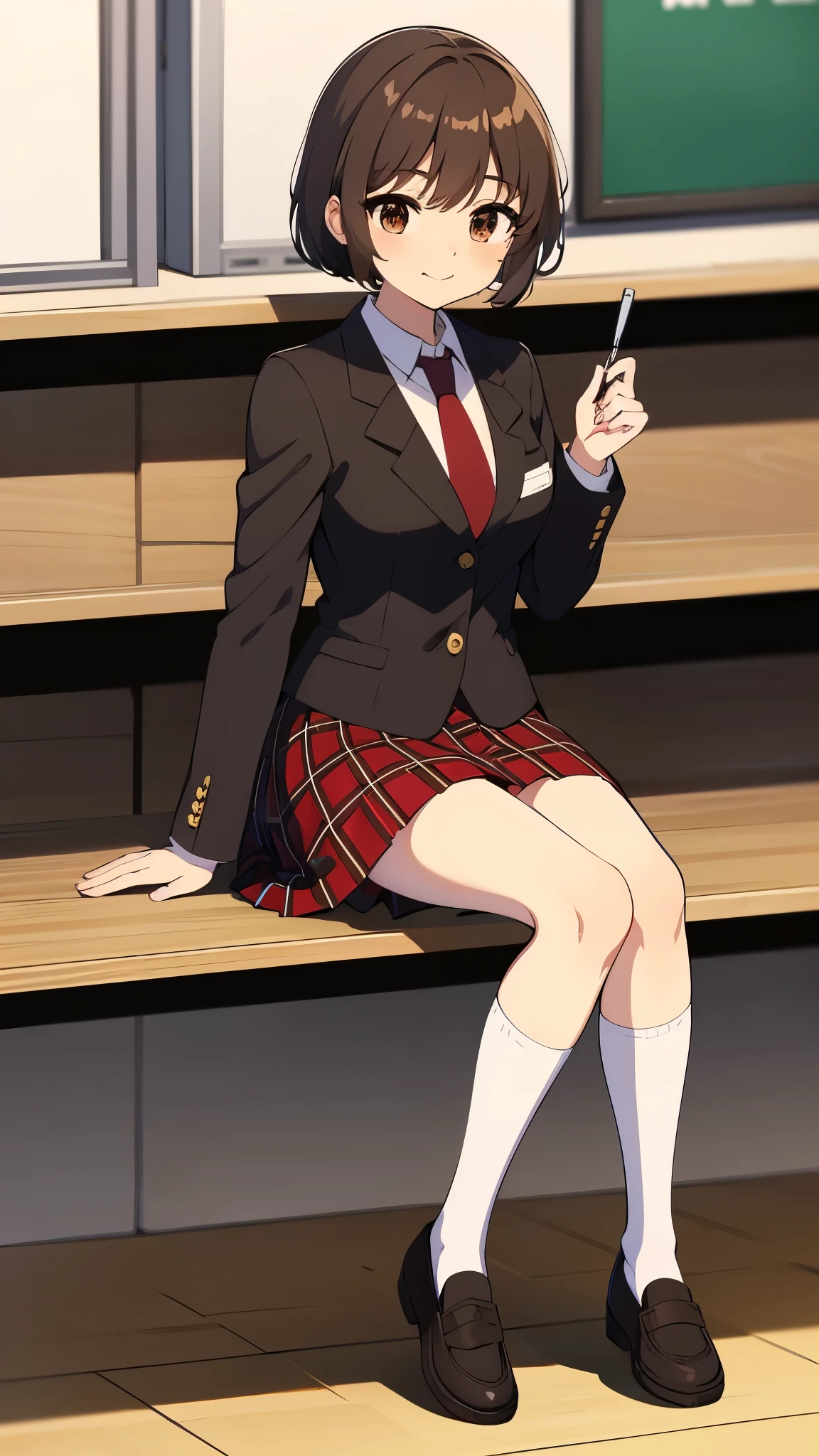 indoor, eating snack use right hand, in lunch shop, sitting, anime style, ultra high res, break white socks1:4, break Best quality, adult body, UHD, break black blazer, break red tie, red plaid pattern skirt, brown loafer, sharpen, 32k, masterpiece, intense gaze,