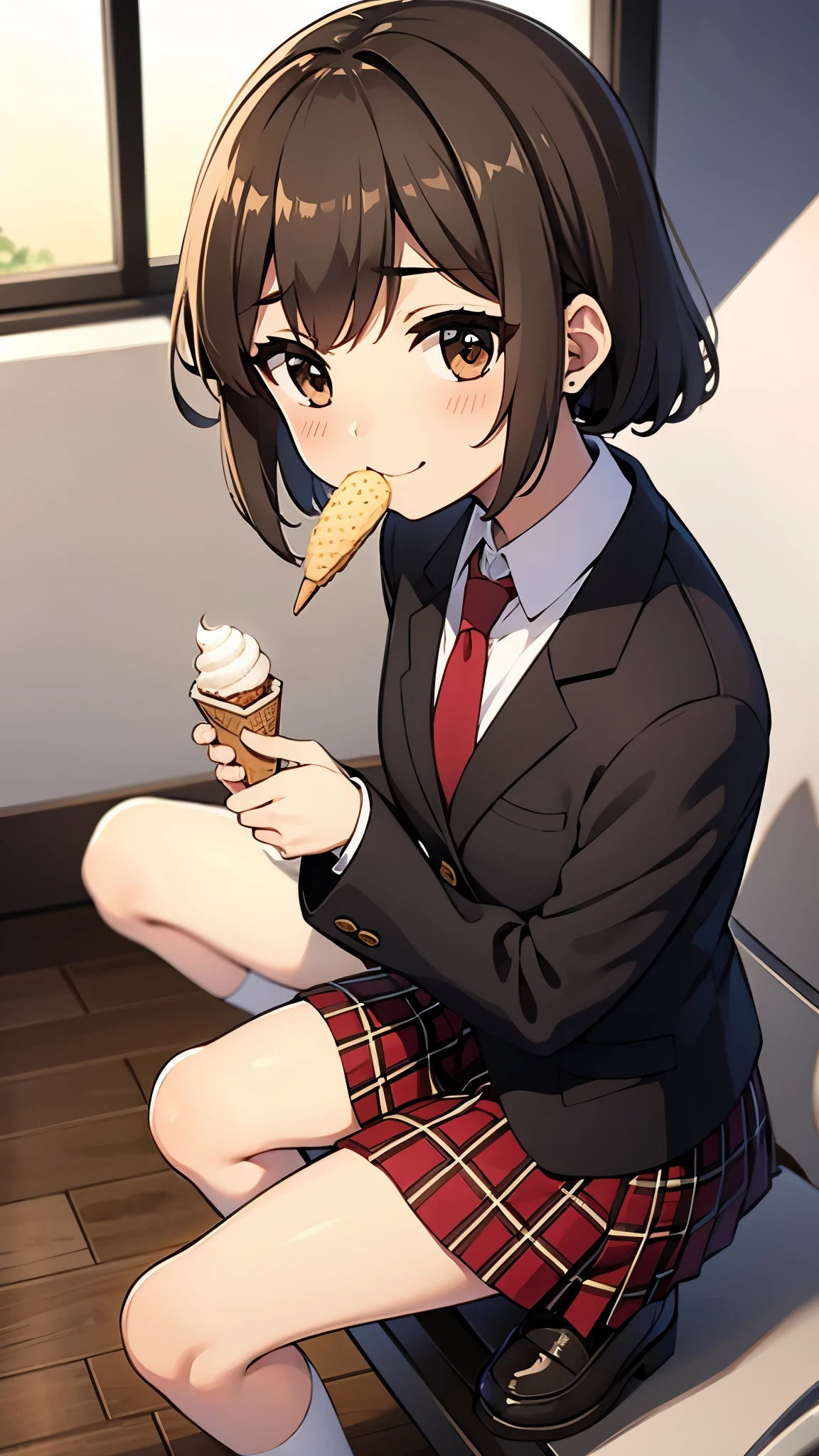 indoor, eating ice cream, in lunch shop, sitting, anime style, ultra high res, break white socks1:4, break Best quality, adult body, UHD, break black blazer, break red tie, red plaid pattern skirt, brown loafer, sharpen, 32k, masterpiece, intense gaze,