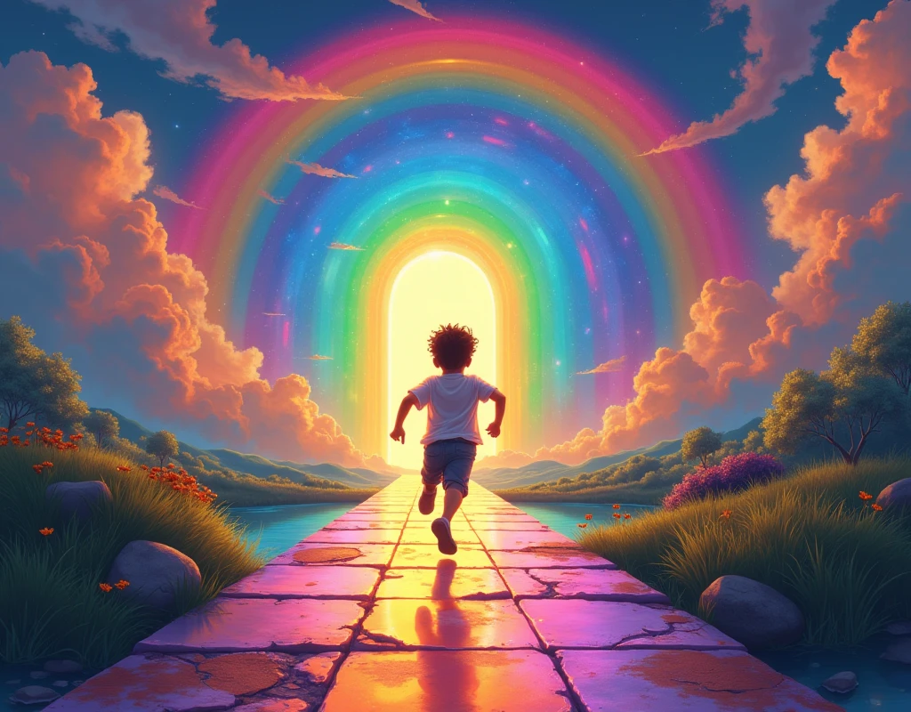 1boy,  Boy Running Up a Rainbow Bridge,  There is a rainbow-colored door shining at the end of the , There are a lot of rainbows, Running Over a Rainbow :1.3,  boy who is generating a rainbow instead of a bridge, Bifrest , Mythical Scenery , (((UHD, masterpiece, best quality, highres icon, 16k, wallpaper)))