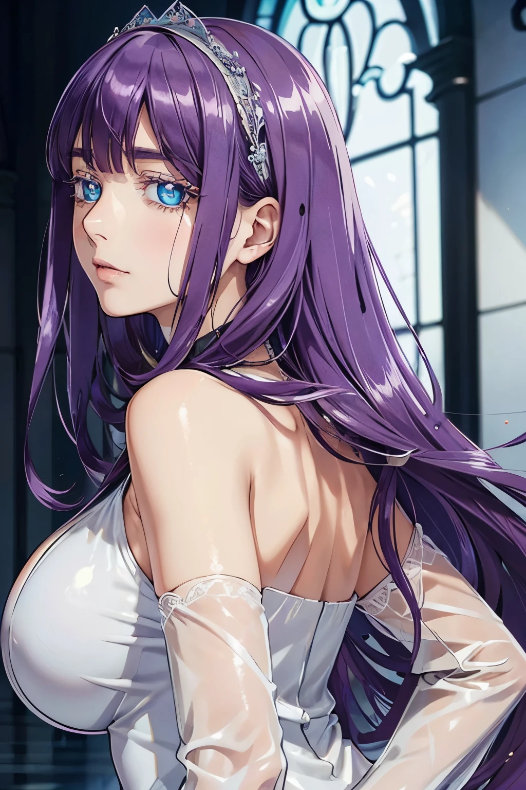 (portrait), (only top of the character), ((hopital hall)), (large breast), ((perfect hands)), ((glossy clothes)), (finely detailed eyes and detailed face:1.3), (extremely fine and beautiful:1.1), (Perfect details:1.1), Mira Suou, purple hair, blue eyes, white eyelashes, dress, detached sleeves, (side view)