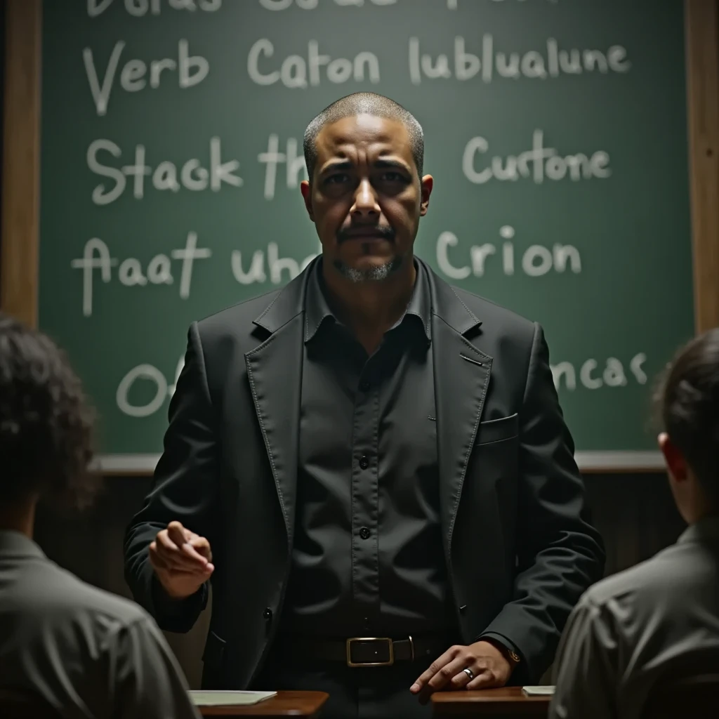 a handsome black man, teacher writing with chalk on the blackboard , are writing on a blackboard "Verbo é uma classe gramatical que expressa ações, estados, fenômenos naturais ou outros fatos, localizando-os no tempo.";hyper detailed, cinematic lighting, high contrast, gritty, moody, dramatic, photorealistic, 8k, ultra-detailed, masterpiece, cinematic, dark fantasy, surreal, digital art, sharp focus, physically-based rendering, extreme detail description, professional, vivid colors