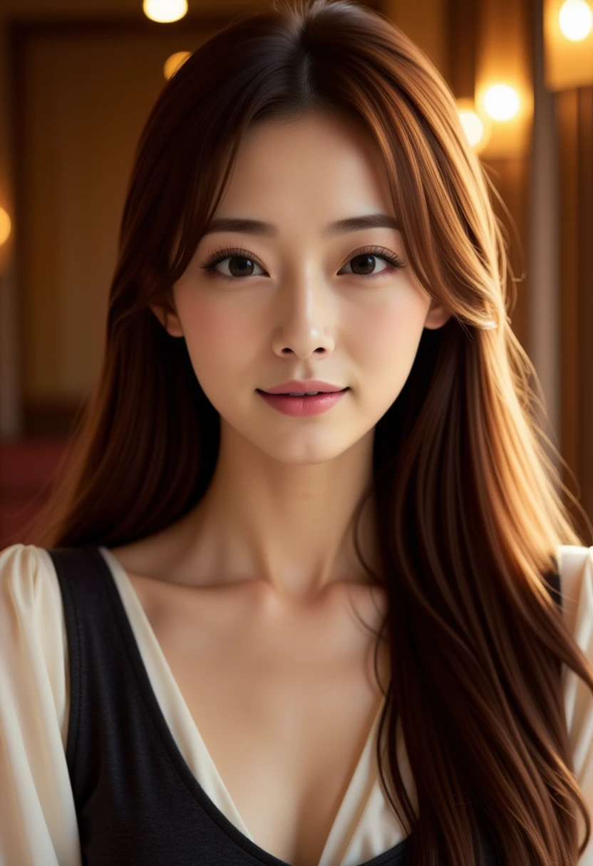 stunning East-Asian woman, long dark brown hair, white blouse, dark vest, calm inviting expression, large expressive eyes, soft makeup, golden lighting, warm atmosphere, photorealistic, cinematic style