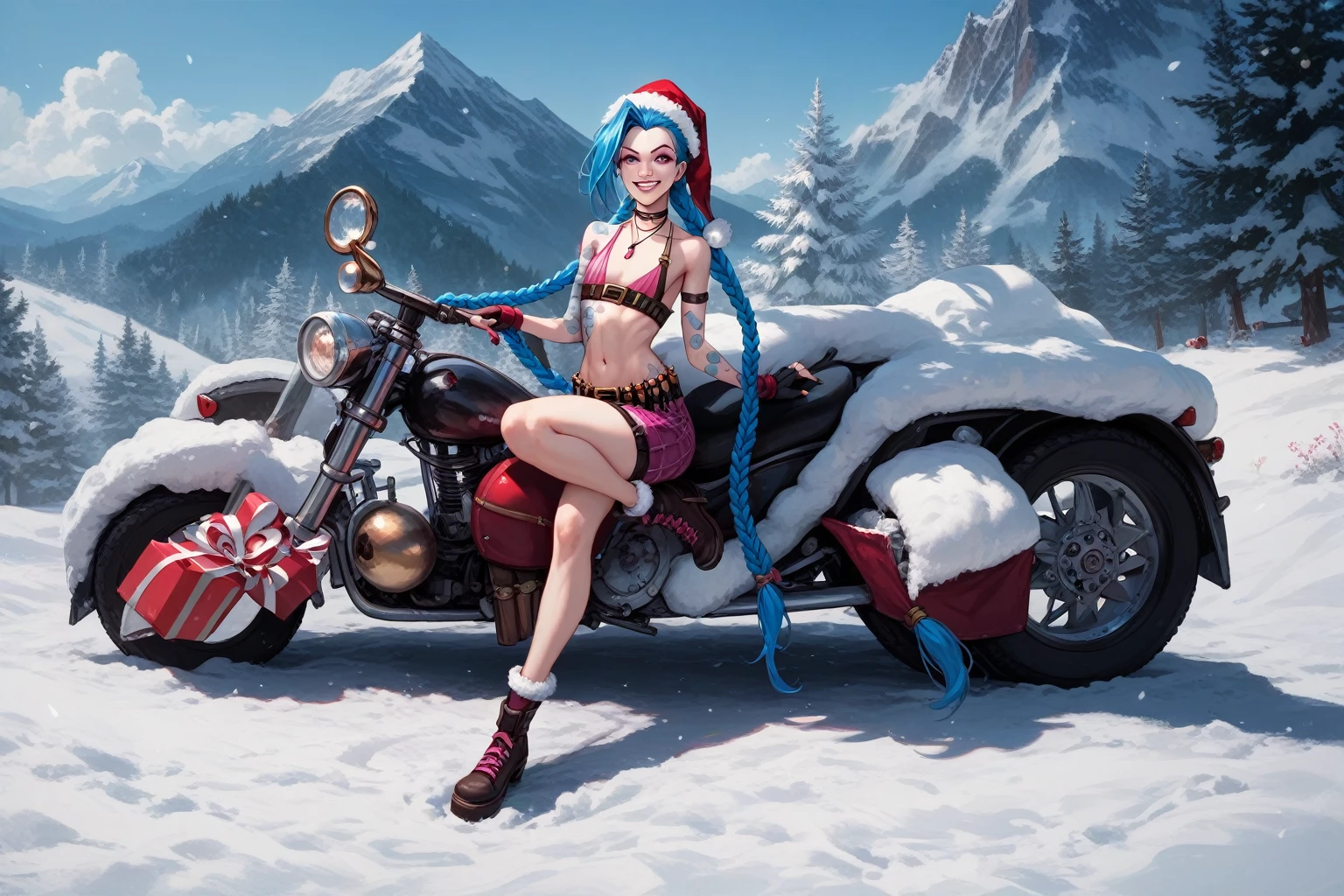 1girl, jinx \(league of legends\), solo, long hair, looking at viewer, smile, hat, jewelry, bare shoulders, blue hair, collarbone, teeth, choker, pink eyes, necklace, portrait, red headwear, santa hat, fur-trimmed headwear, sensitive masterpiece, newest, absurdres,very aesthetic,best quality