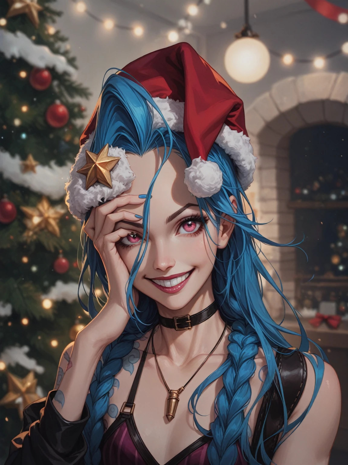 1girl, jinx \(league of legends\), solo, long hair, looking at viewer, smile, hat, jewelry, bare shoulders, blue hair, collarbone, teeth, choker, pink eyes, necklace, portrait, red headwear, santa hat, fur-trimmed headwear, sensitive masterpiece, newest, absurdres,very aesthetic,best quality