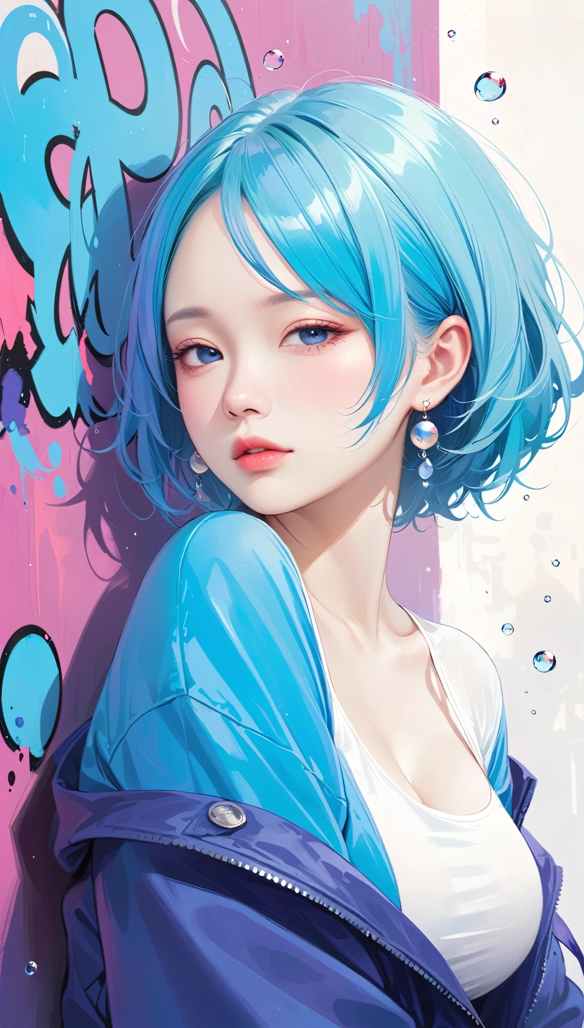 1girl, Alone, Chest, Viewer,  blue eyes,  Simple Background ,  white background , Earrings, large breasts, Lazy, Half-closed eyes, Dye your hair, Bubbles,  functional jacket ,  upper body, Open clothes, abdomen, From the side, open coat, Lips,  oversized jacket , graffiti top , compensate, nylon, nylon 冲锋衣,style: midjourney,1 girl