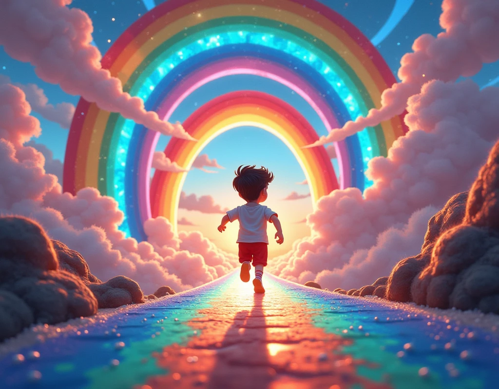 1boy,  Boy Running Up a Rainbow Bridge\A bridge made of rainbows, There are a lot of rainbows, Running Over a Rainbow :1.3,  There is a rainbow-colored door ahead of the boy, Bifrest , Mythical Scenery , (((UHD, masterpiece, best quality, highres icon, 16k, wallpaper)))