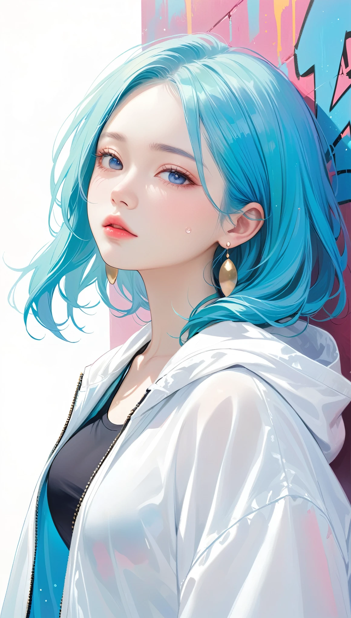 1girl, Alone, Chest, Viewer,  blue eyes,  Simple Background ,  white background , Earrings, large breasts, Lazy, Half-closed eyes, Dye your hair, Bubbles,  functional jacket ,  upper body, Open clothes, abdomen, From the side, open coat, Lips,  oversized jacket , graffiti top , compensate, nylon, nylon 冲锋衣,style: midjourney,1 girl