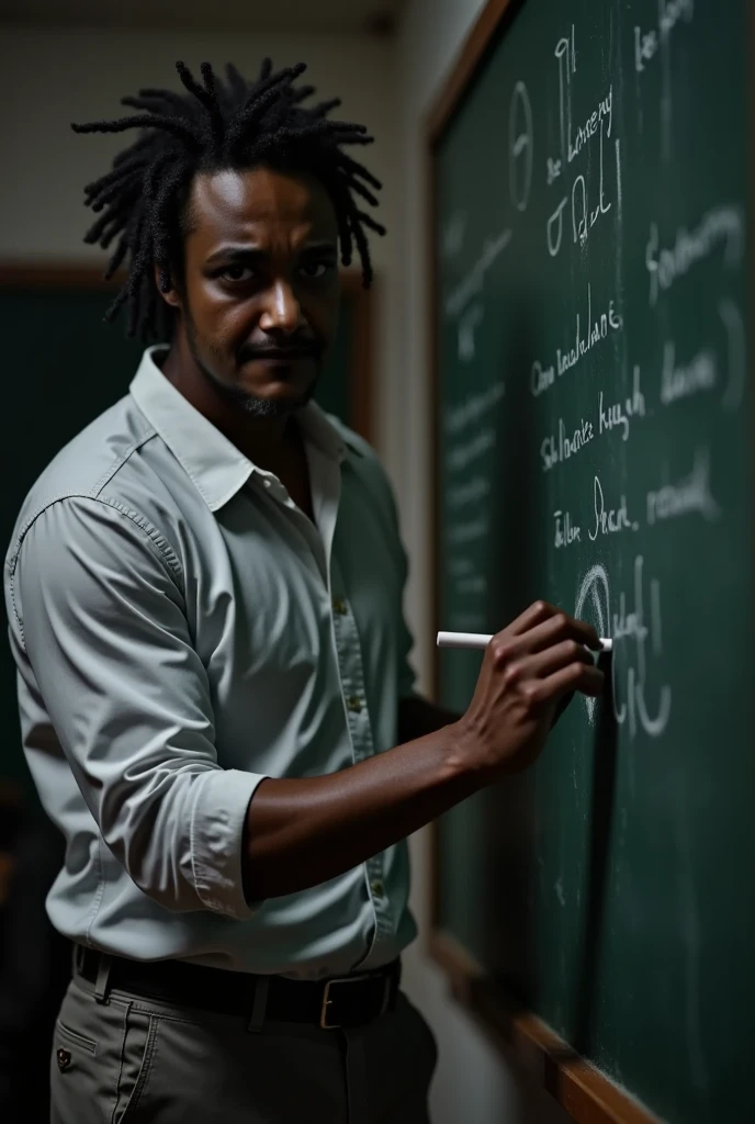 A handsome black man,  teacher writing with chalk on the blackboard ,  are writing on a blackboard  " Verb is a grammatical class that expresses actions ,  States ,  natural phenomena or other facts ,  locating them in tense . ;hyper detailed, cinematic lighting, high contrast, gritty, moody, dramatic, photorealistic, 8k, ultra-detailed, masterpiece, cinematic, dark fantasy, Surreal, digital art, sharp focus, physically-based rendering, extreme detail description, professional, vivid colors