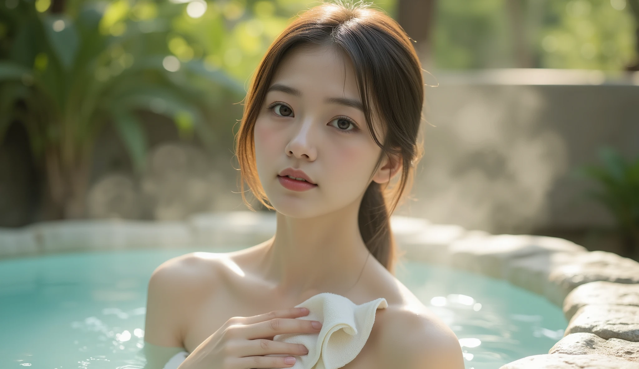 (((best quality))),(((ultra detailed))),(((masterpiece))),illustration,((1 beautiful Japannese girl,solo)),(neat bun:1.2),((slim,thin)),((small breasts,flat chest)),(in izakaya:1.3),(summer:1.2),(rainy:1.3),(indoor:1.2),(night scene:1.3),(wet:1.3),(strapless purple floral bra:1.3),porcelain skin,rouge,dimly lit,warm glow,ethereal,(beside the table:1.3),sake bottle,half-empty glass,tray,grilled fish,steamed vegetables,half-eaten,melancholic smile,storm,solitude,enigmatic aura,tranquility,chaos,simplicity,mysterious,captivating,((from front,close-up of face))