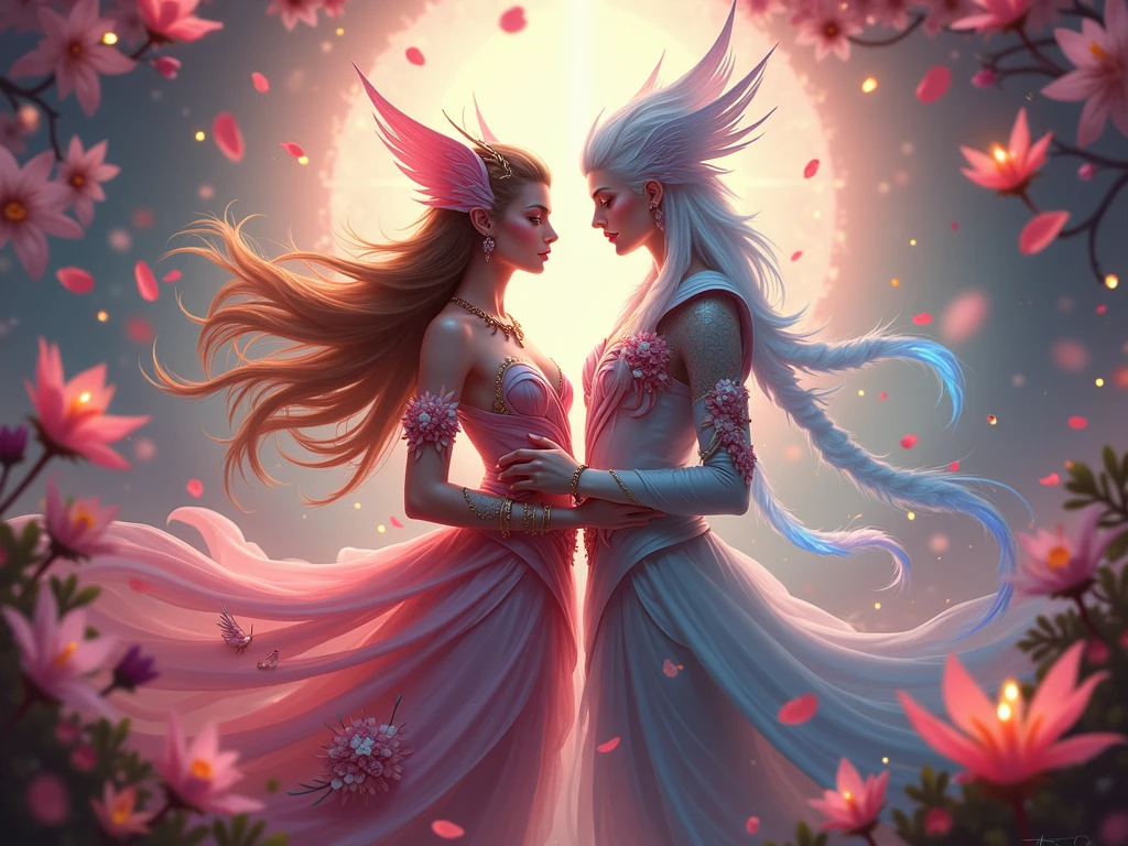 fantasy art, ((translucent winged alien creature constructed of petals)), kissing the stamen of a giant flower that looks like a calla-lily from another world