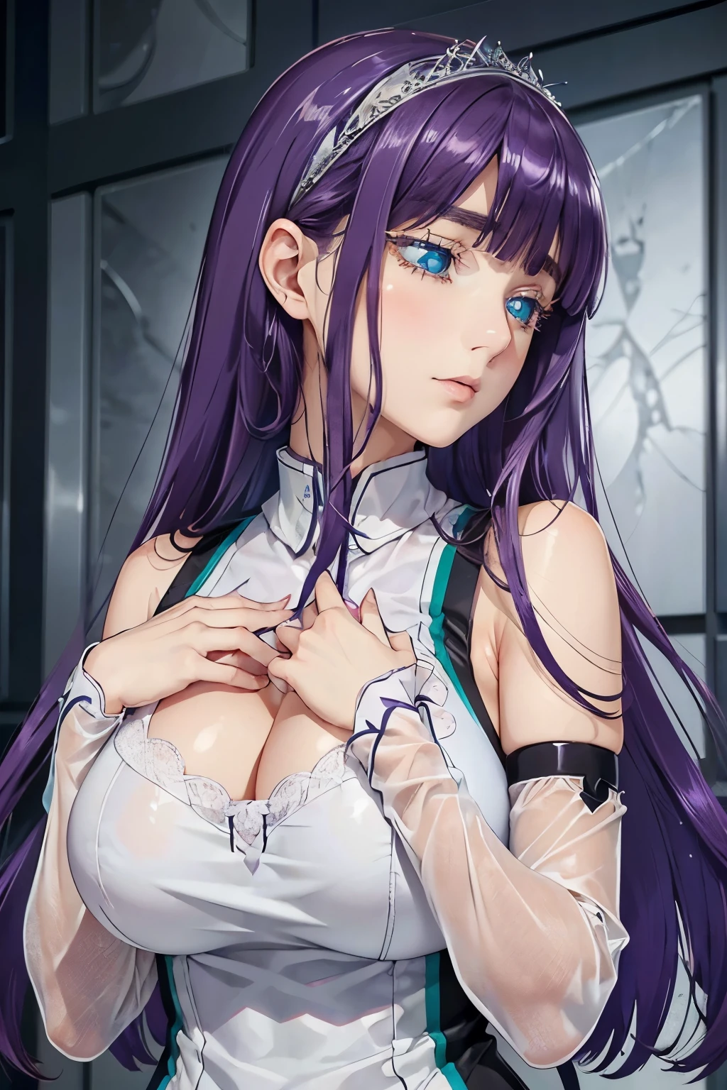 (portrait), (only top of the character), ((hopital hall)), (large breast), ((perfect hands)), ((glossy clothes)), (finely detailed eyes and detailed face:1.3), (extremely fine and beautiful:1.1), (Perfect details:1.1), Mira Suou, purple hair, blue eyes, white eyelashes, dress, detached sleeves, (side view)