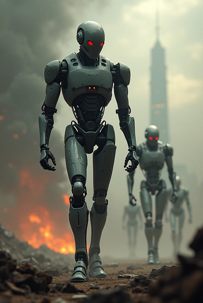 armed T-800 terminators, cyborgs, walk through the ruins of the Kremlin, Moscow