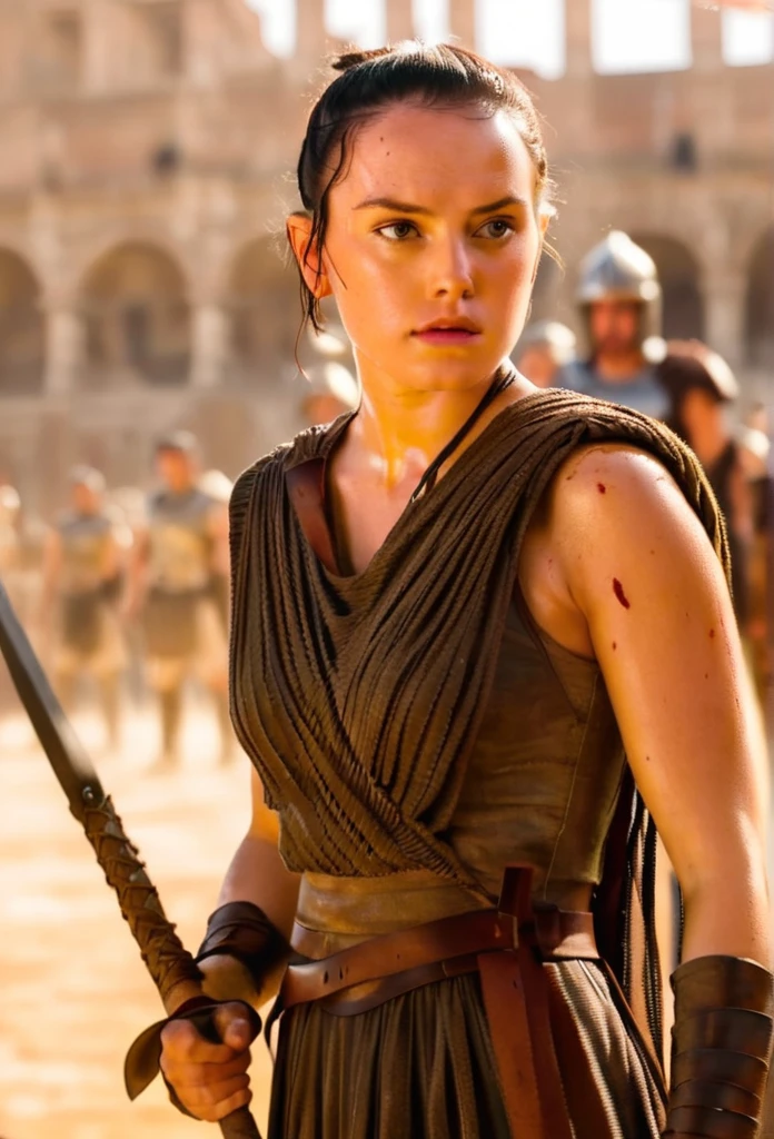 Daisy Ridley is a Roman legionary fighting in the arena of the Roman coliseum with a bloody sword and shield,in action fighting