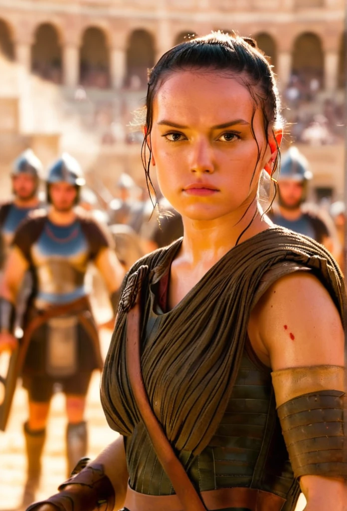 Daisy Ridley is a Roman legionary fighting in the arena of the Roman coliseum with a bloody sword and shield,in action fighting