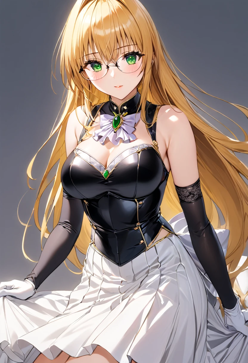 ((masterpiece)),   best quality,  美しいAdult female,   Very detailed,(  one woman), tearju moody, blonde hair, green eyes, long hair, hair intakes, bangs, Glasses, black white dress ,   long skirt, Gloves,   jewelry,  ,   Princess Dress  , elbow Gloves,   tiara  , brooch, white Gloves、(((  long skirtの下に))), ((( black stockings ))), ((( garter belt))), ((( black strappy stiletto heels))), Adult female、thin、  is very beautiful、  facial beauty、  long skirt、(((Black Armor、breastplate、Shiny Armor:1.2)))、   Gold Earrings  、  blonde hair,   green eyes,   pink lips、whole body