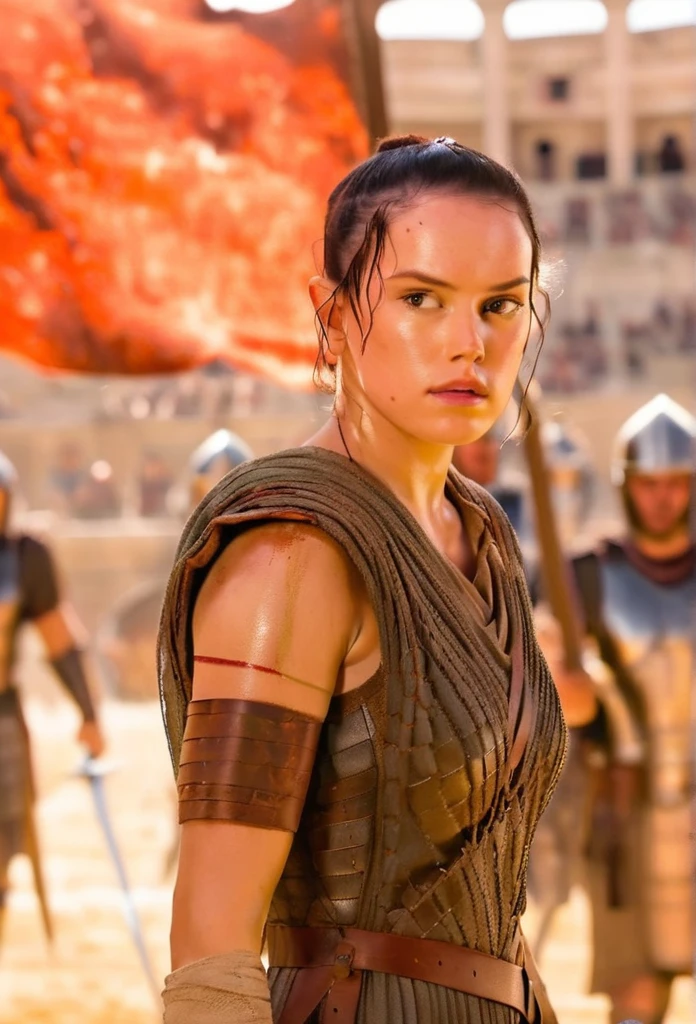 Daisy Ridley is a Roman legionary fighting in the arena of the Roman coliseum with a bloody sword and shield,in action fighting