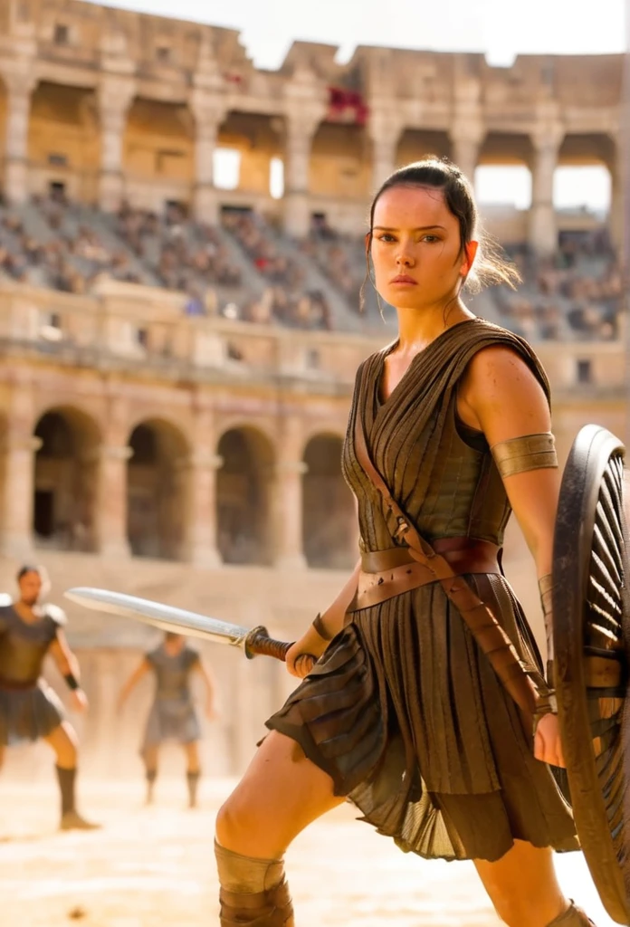 Daisy Ridley is a Roman legionary fighting in the arena of the Roman coliseum with a bloody sword and shield,in action fighting