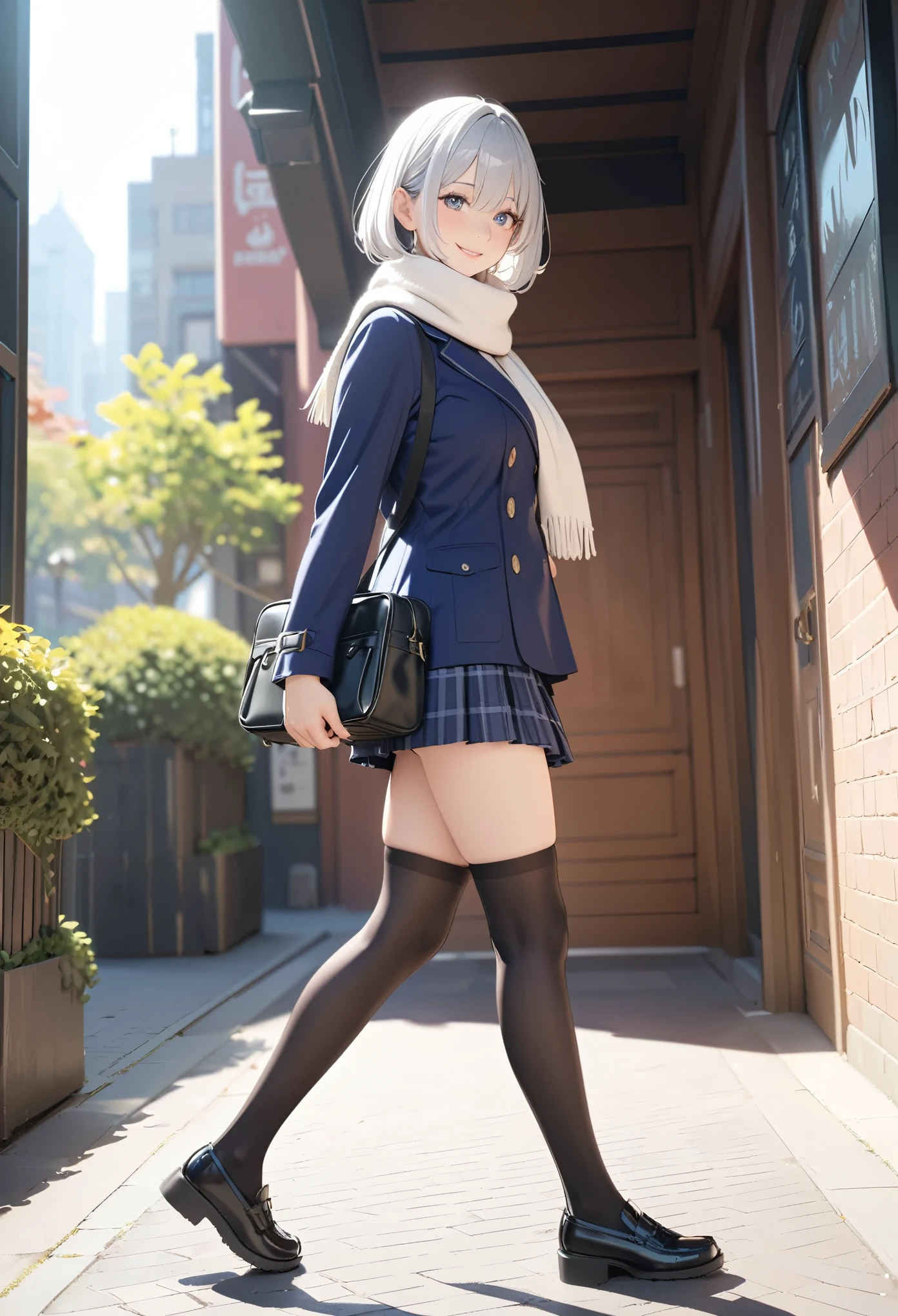 1 Japanese girl, ((shiny silver hair)), bob cut, bang between eyes, beautiful hair), (glossy silver eyes:1.5), (beautiful eyes, twinkle eyes, large eyes), (athlete body, large breasts), cute face, beautiful face, pretty face, beautiful, good anatomy, long eyelashes, expressive eyes, Perfect Hands, happy, smile, glossy lips, (close mouth:1.2), perfecteyes, BREAK 1girl, school uniform, (white woolen thick scarf), collarless ((navy)) duffel-coat, double breasted, folded long sleeves, gray plaid pattern pleated skirt-hem, mini skirt, dark pantyhose, shoes, black school bag slung over shoulder, BREAK 1girl, morning, sunshine, city, outside, street, road side, walking, smile, happy, BREAK from side, Sketch, UHD, retina, masterpiece, high details, high quality, super detail, best quality, highres, 4K, 8k, cute, beautiful, full body detailed, 32K, high details, perfect lighting, perfect anatomy, sharp outline, high definition, extreme illustration, ambient lights, soft light, she has an anatomically correct structure and has five fingers on each of her right hand and left hand, 