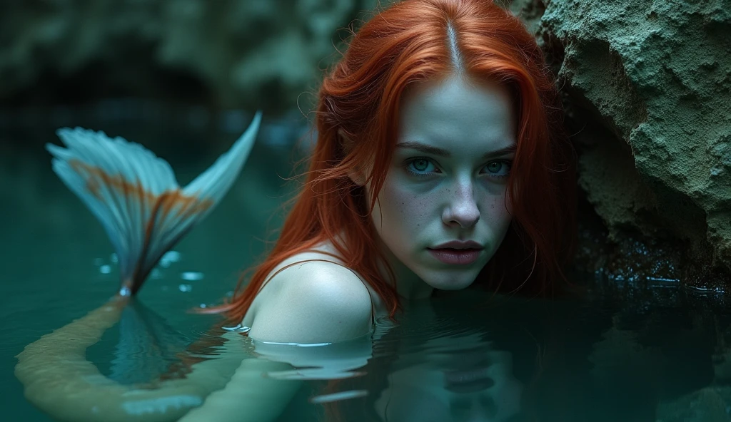 ((best quality)), ((masterpiece)), (detailed), (total body), perfect face, beautiful woman. She is sad, she is in the water in a pond, in the night, total body. This woman is a mermaid, she hasn't bra an her tail is blue, she has long dark red coppery hair with tufted fringe and sky blue eyes. She has no clothes.