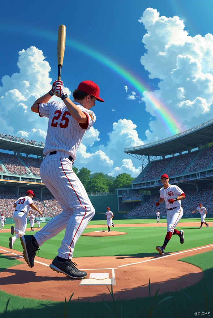 Koshien Stadium, Home Run, 満塁Home Run, 走者一掃のHome Run,  light stand direction ,  4 runners running on the base ,  with a beautiful rainbow hanging at the end of the hit {x},  stand is full of spectators , Grand Slam , Clear skies, (((UHD, masterpiece, best quality, highres icon, 16k, wallpaper)))