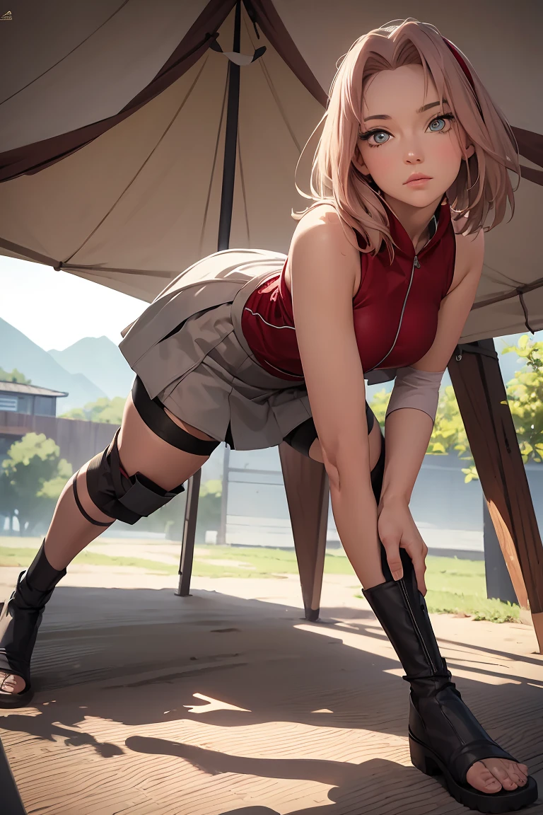 ((best quality)), (( masterpiece)), (detailed),  Perfect Face ((best quality)), (( masterpiece)), (detailed),  Perfect Face (best quality)), (( masterpiece)), (detailed),  Perfect Face (best quality)), (( masterpiece)), (detailed),  Perfect Face ,stunning realistic, photorealistic, photorealism, 1 sakura Haruno,standing in a tent,arsm on skirt,full body perfect composition,wearnig skirt,3D,tight bike shorts view,focus on bike shorts,tightly wear bike shorts on legs,under skirt view,skirt in air flying,bike shorts focus under legs view,bent on legs and hands view,lower body focus specialy butts focus,lusty expressions,tempting body posture, best perfect angle view from ground,seducing expressions towards viewer,bent on legs and hands on the ground pose