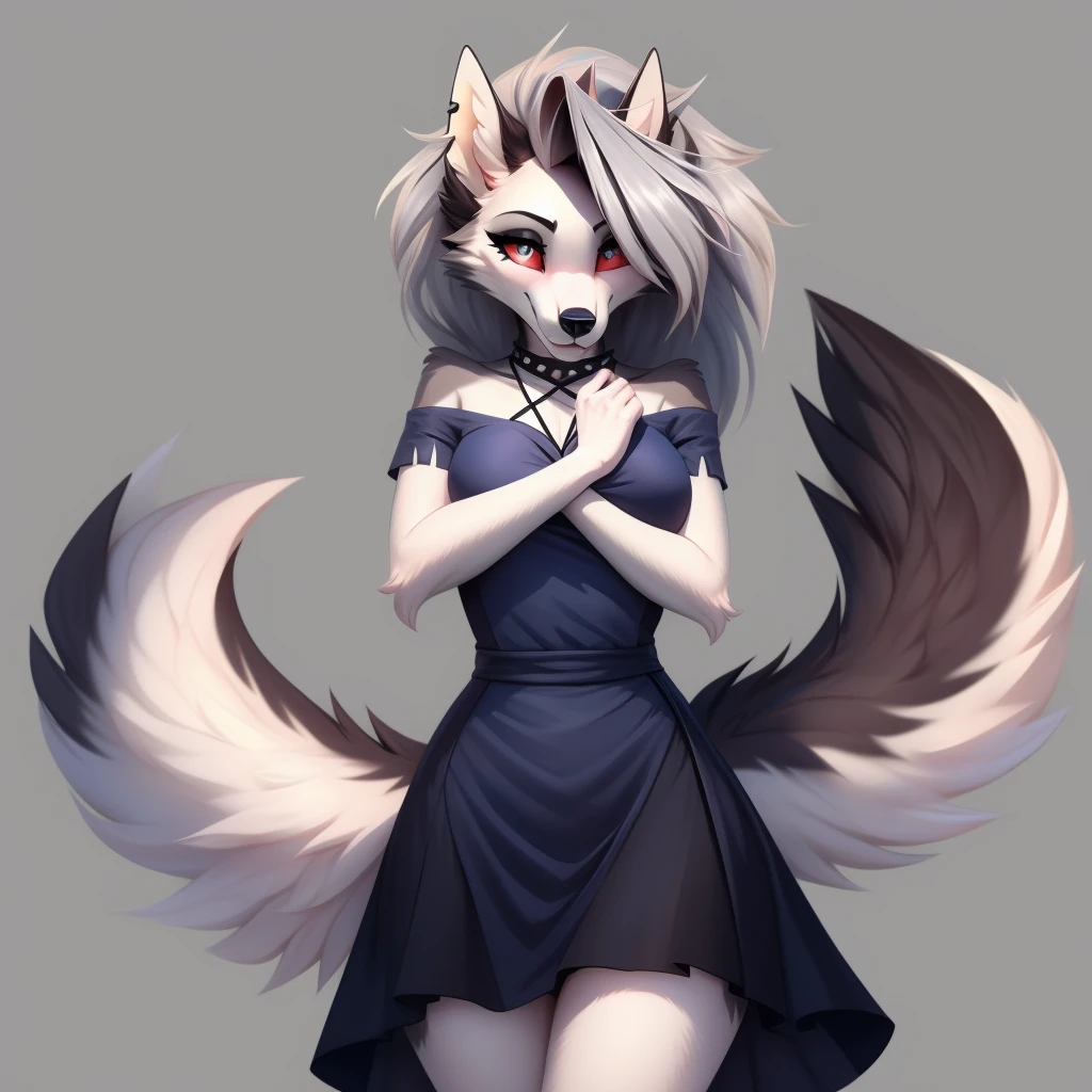 Wolf, anthro, white eyes, large white gem necklace, fangs, ghostly red aura, spooky, horror nightmare, evil, masterpiece, best quality, Full Body, Long ponytail hair, Female, Short dress, ((best quality))
