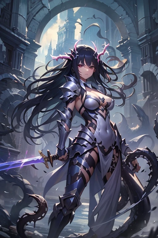 a cute woman, 25 years old, violet eyes, violet metallic sleeves, violet metallic thigh high boots, lightning goddess, floating in storm clouds, held in air by arcs of lightning, best quality, 8k, highres, masterpiece, ultra-detailed, realistic, photorealistic, photo-realistic, HDR, UHD, studio lighting, ultra-fine painting, sharp focus, physically-based rendering, extreme detail description, professional, vivid colors, bokeh, fantasy, cinematic lighting, dramatic, glowing, ethereal, moody, mystical (show all of her, Priority: show her entire body show her entire body)