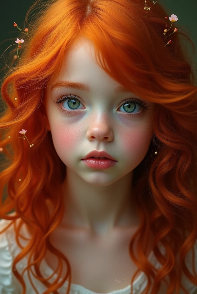 a girl with red straight silky hair blue eyes freckles red eyebrows button nose red lips dimples